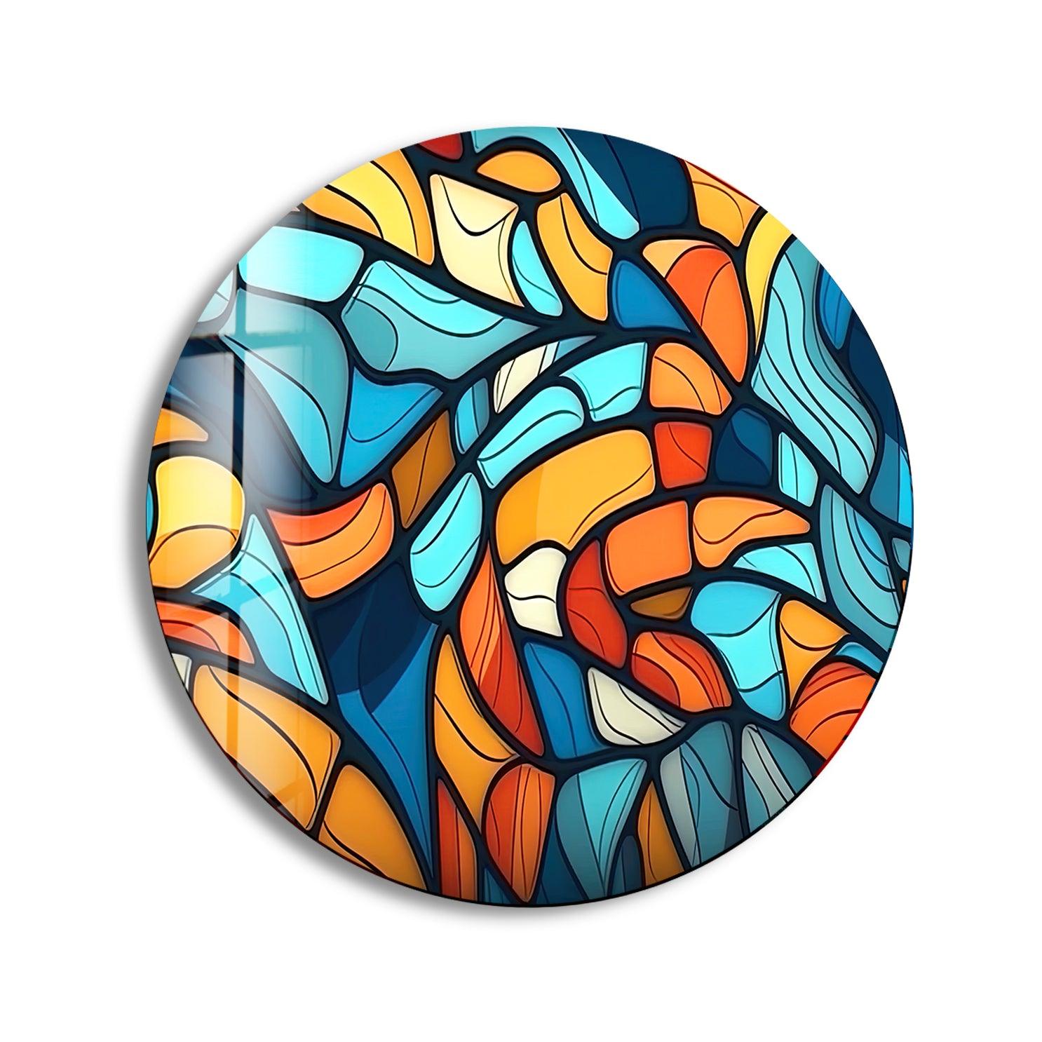 Vibrant Blue & Orange Mosaic Round Glass Wall Art - Handmade Decorative Mirror for Living Room, Bedroom, or Bathroom Décor