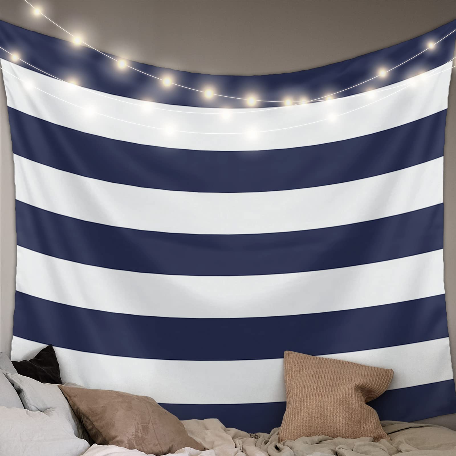 Nautical Navy Blue White Stripes Wall Tapestry - 85