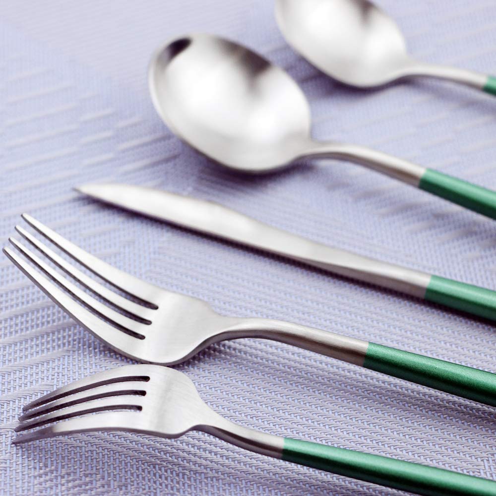 Premium 5-Piece Stainless Steel Flatware Set - 18/10 Rustproof Silverware for Home, Kitchen, Restaurant & Travel - Matte Finish with Green Handle - Elegant Tableware for Everyday Dining, Gifts & Special Occasions