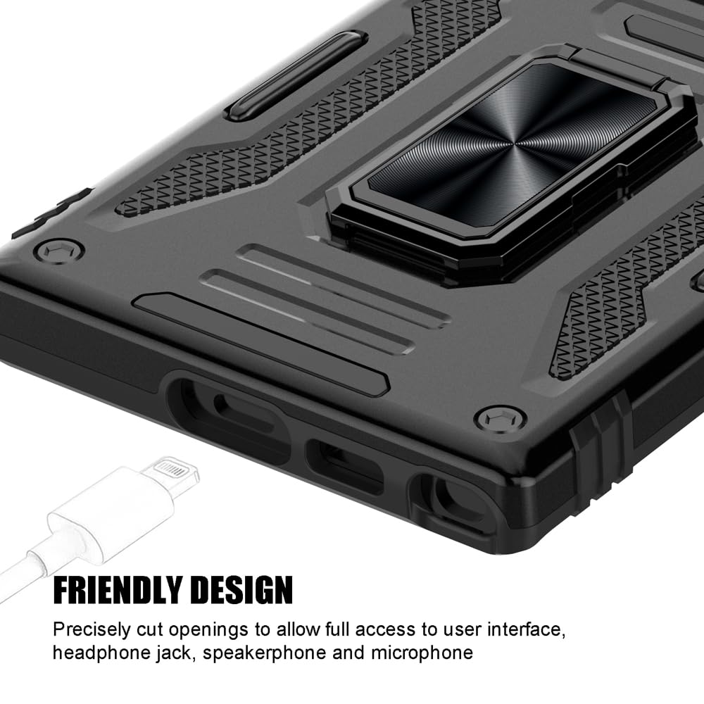 Shockproof Samsung Galaxy S24 Ultra Case with Sliding Camera Cover, Ring Holder & Kickstand - Includes Screen Protector for Galaxy S24 Ultra 5G (6.8 Inch, 2024 Model) - Perfect for Outdoor Activities, Travel & Daily Protection [Black]