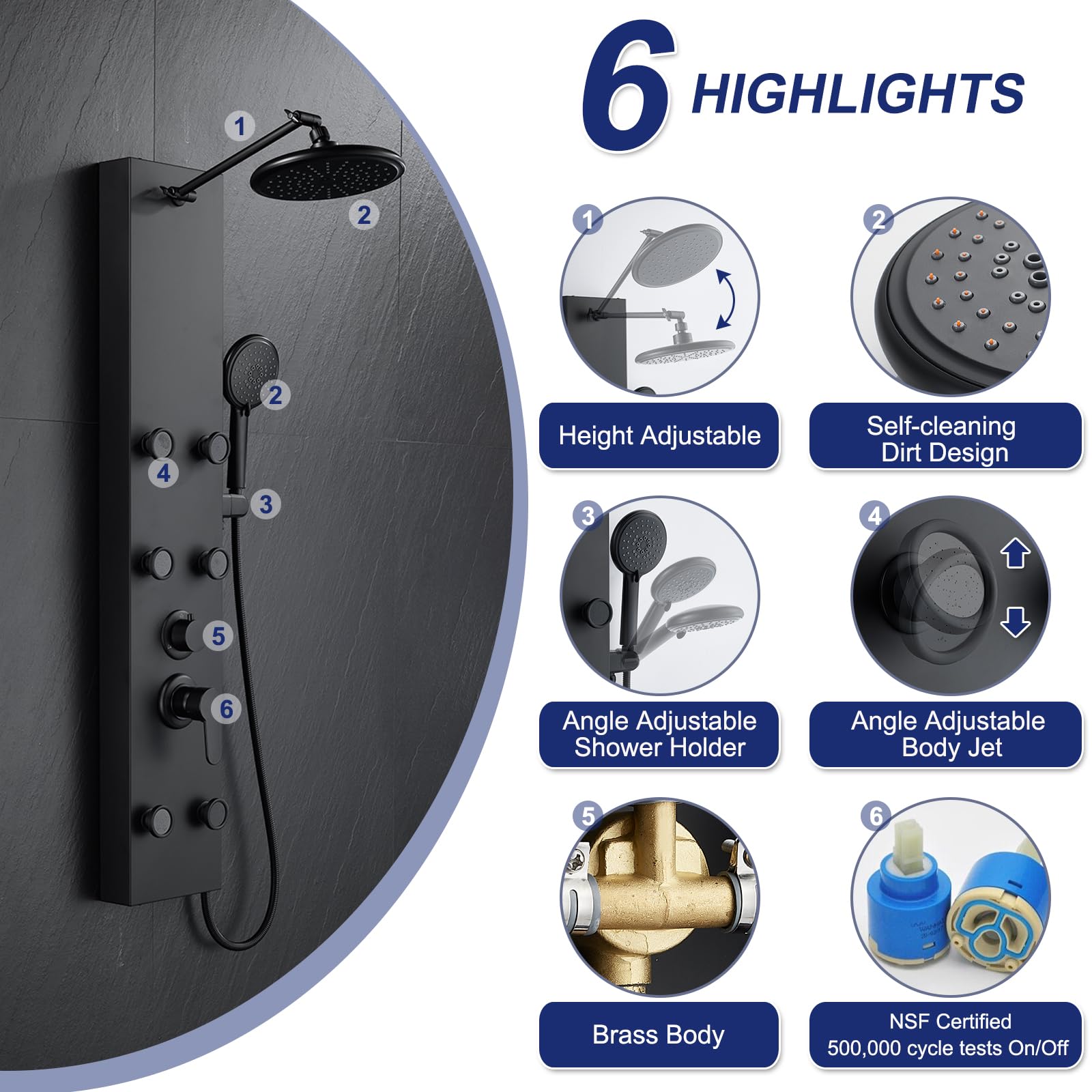 ROVATE Matte Black Shower Panel Tower System with Adjustable Rainfall Shower Head - 6 Body Massage Jets & 5-Function Handheld Shower - Stainless Steel Wall Mounted Shower Column for Spa-Like Bathroom Experience