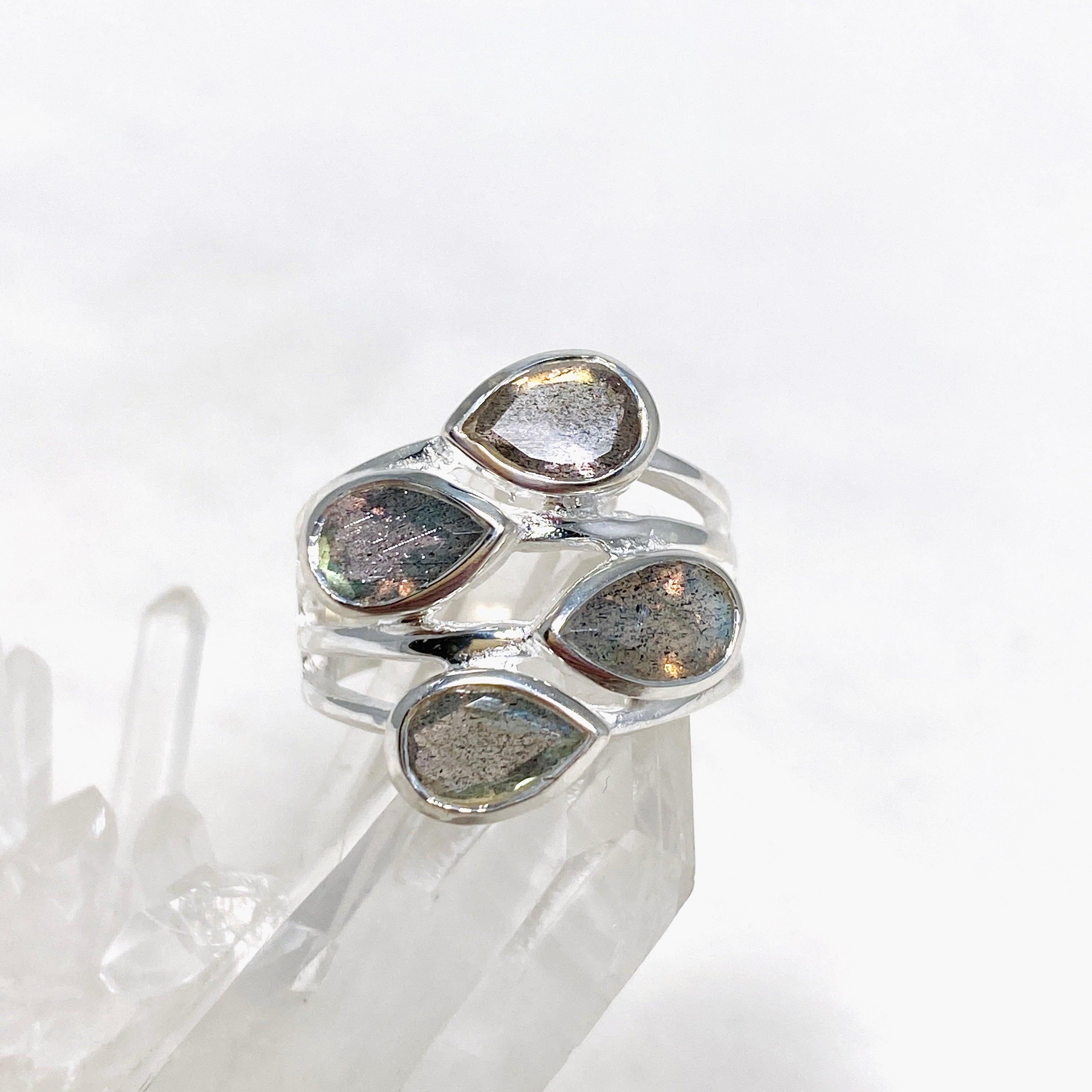 Labradorite Multi-Stone Faceted Teardrop Ring R3815 - Elegant Crystal Jewelry for Women, Perfect for Weddings, Parties & Special Occasions