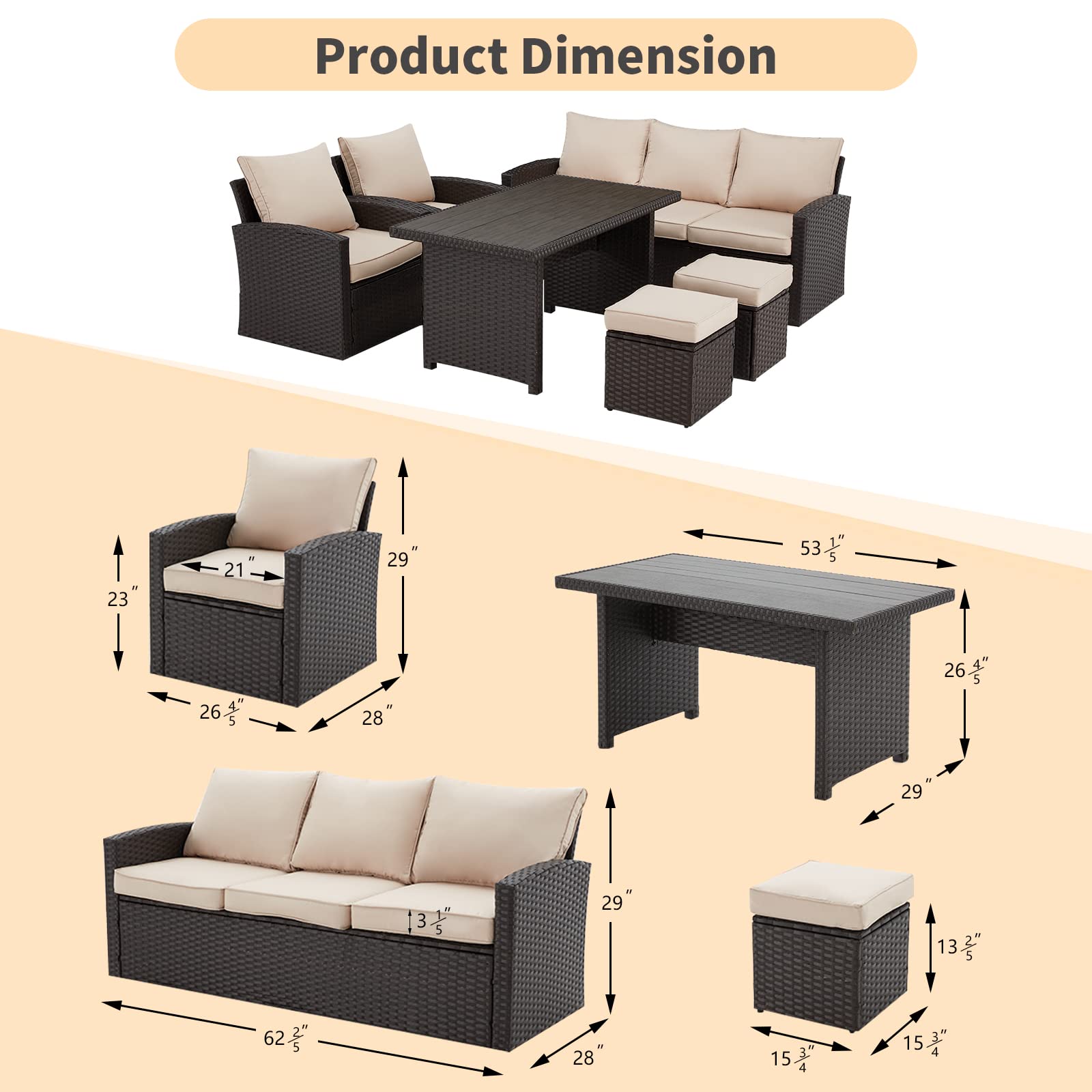 HOMREST 6-Piece Outdoor Patio Furniture Set - All-Weather Wicker Rattan Sectional Sofa with Dining Table & Chairs (Beige) - Perfect for Backyard, Garden, Poolside, Patio & Deck - Ideal for Outdoor Entertaining, Lounging & Dining Al Fresco - Great for Summer BBQs, Family Gatherings & Relaxing in the Sunshine - Durable & Stylish Outdoor Furniture for Pool Parties, Garden Tea Time & Sunset Cocktails