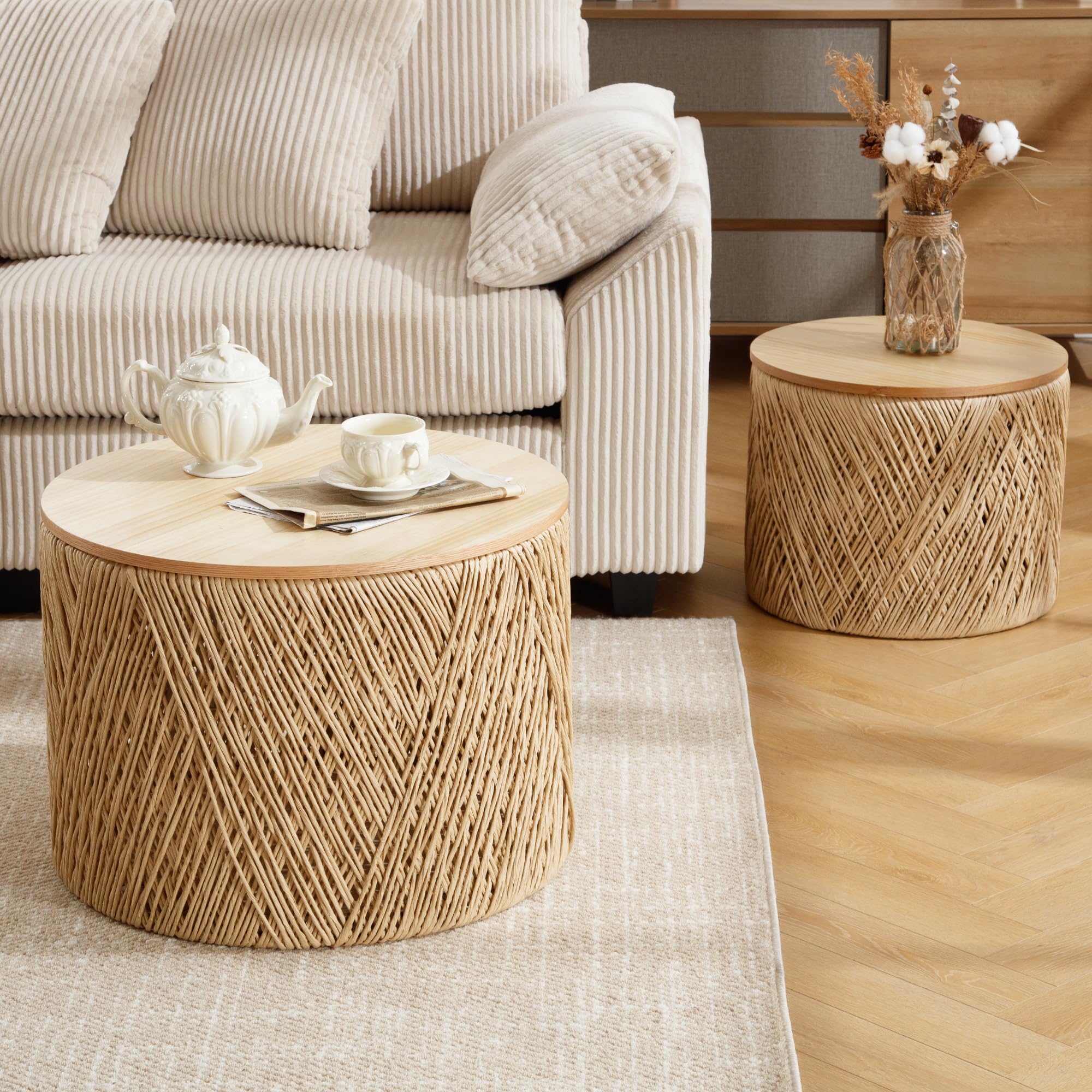Rustic Round Coffee Table with Storage - Handwoven Rattan Lift Top Boho Side Table for Living Room, Bedroom & Patio - Natural Wood Nesting Table for Home Decor