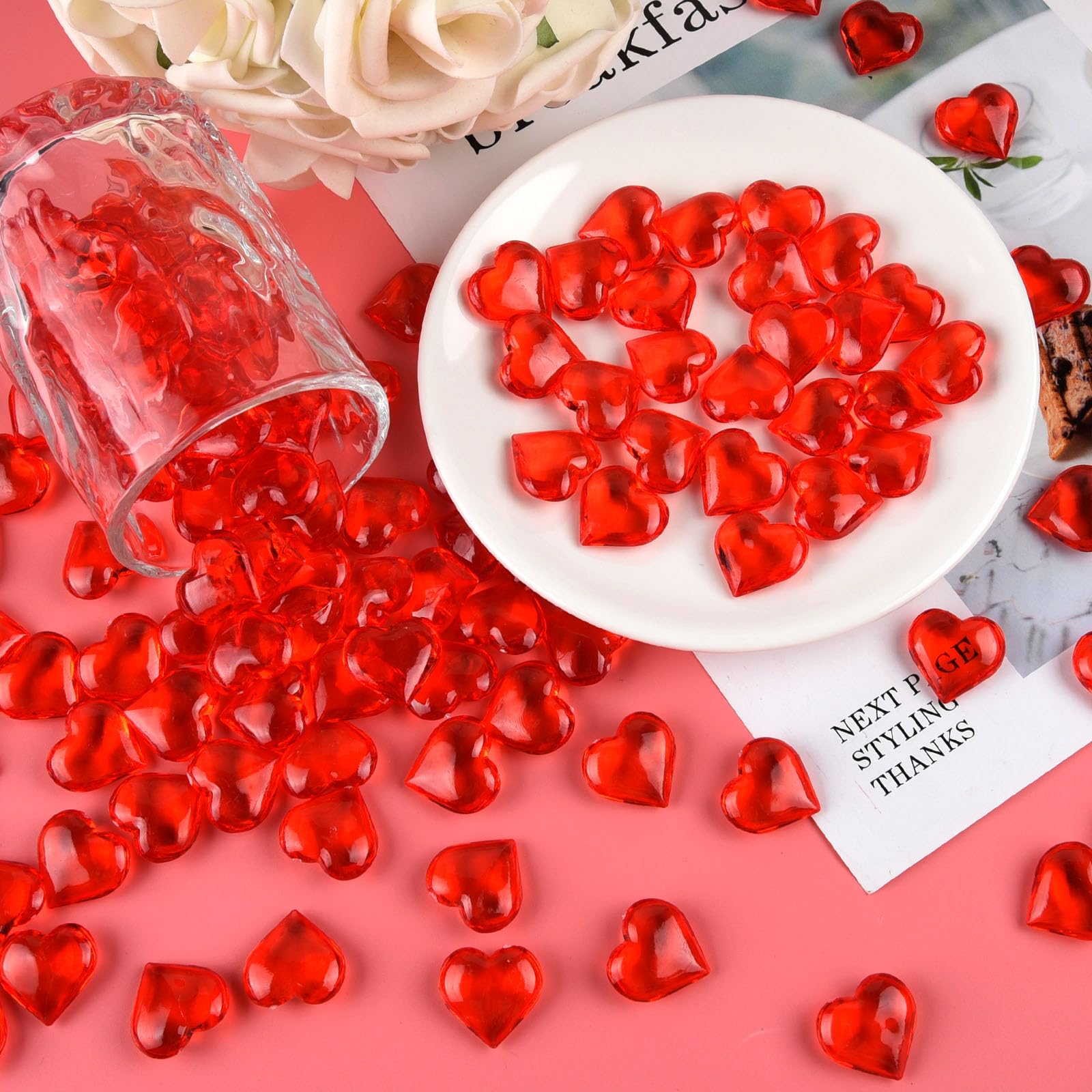 100 Pcs Red and Pink Acrylic Heart Shaped Gems - Valentine's Day Vase Filler, Table Scatter for Wedding, Anniversary, Home Party Decor - Perfect for Romantic Centerpieces, Gift Boxes, and DIY Crafts