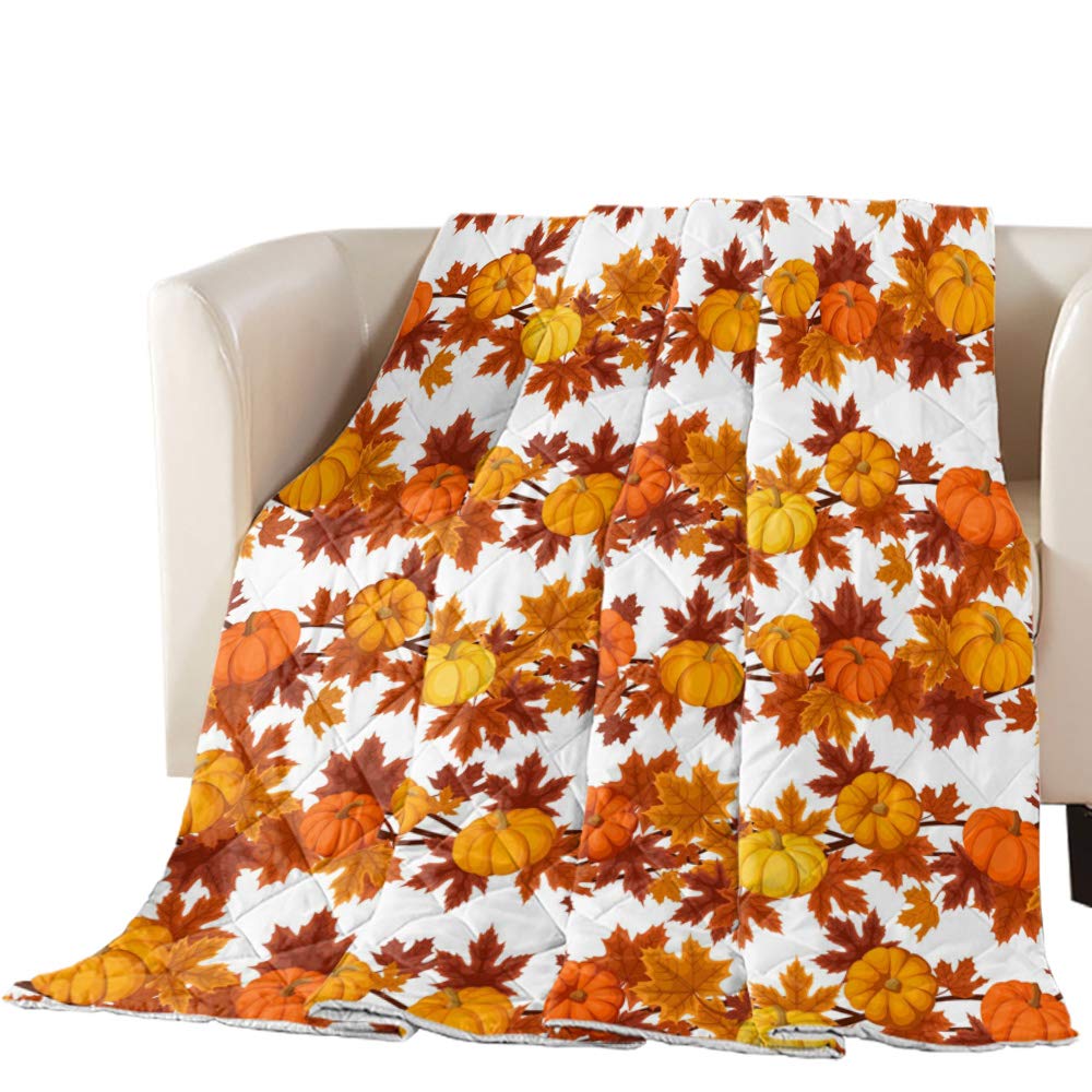 Quilted Throw Blanket - Fall Maple Leaves & Pumpkin Patchwork Bed Cover for Couch, Sofa | Lightweight Warm Cotton-Alternative Filling (64x88 inches) - Perfect for Autumn Decor, Cozy Evenings & Seasonal Home Styling
