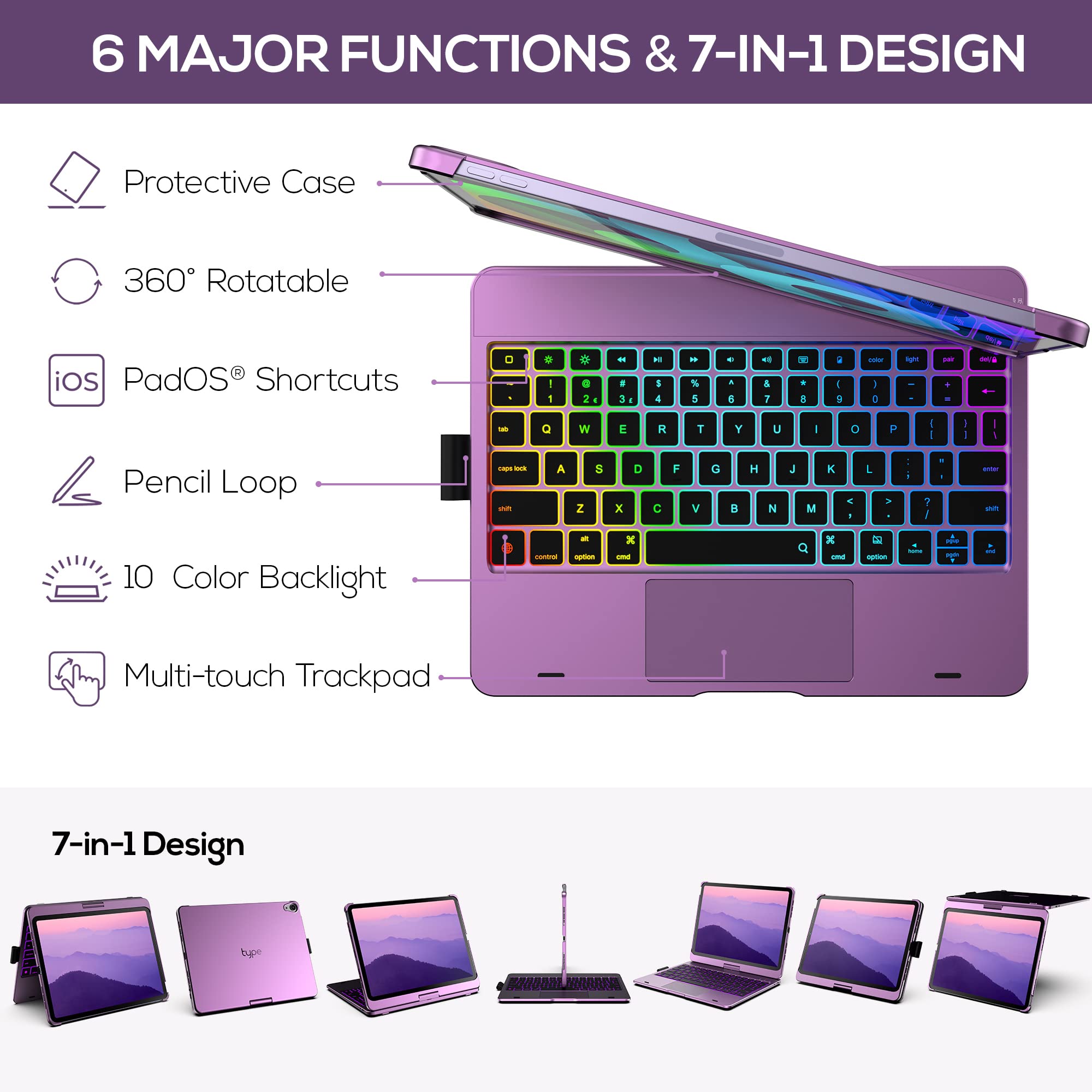 360° Rotatable Touch Keyboard Case with Trackpad for iPad Air 11-inch (M3 2025/M2 2024) - Wireless Backlit Keyboard with 11 Color Options & Pencil Holder - Compatible with iPad Air 5th & 4th Gen (Purple) - Perfect for Work, Study & Creative Projects