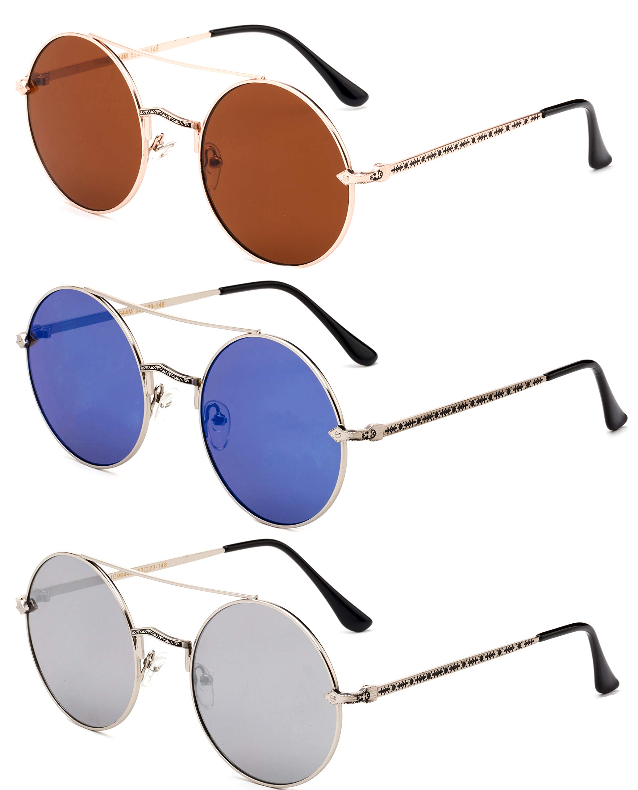 3 Pack Round Metal Frame Sunglasses for Women & Men - Dual Bridge Retro Style - Perfect for Driving, Beach & Outdoor Activities