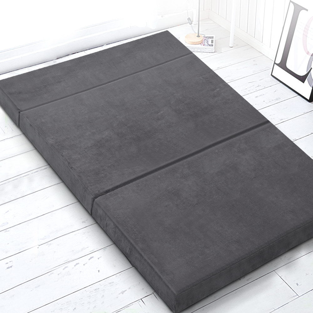 Double Size Folding Foam Mattress - Portable Guest Bed & Floor Mat - Velvet Dark Grey for Camping, Sleepovers & Small Spaces