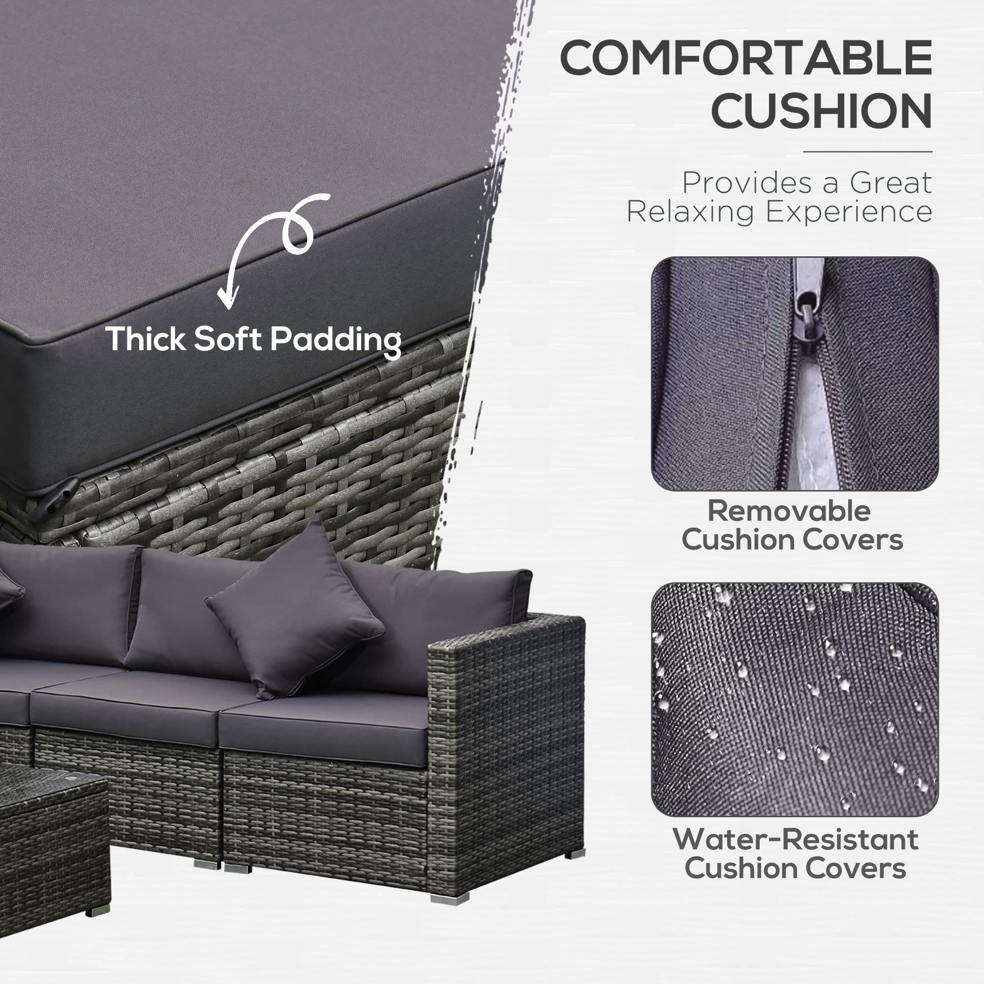 Outsunny 6-Piece Patio Furniture Set - All-Weather PE Rattan Outdoor Wicker Sectional Sofa with Ottoman, Cushions & Tempered Glass Table - Mixed Gray - Perfect for Backyard, Garden, Poolside & Patio Relaxation
