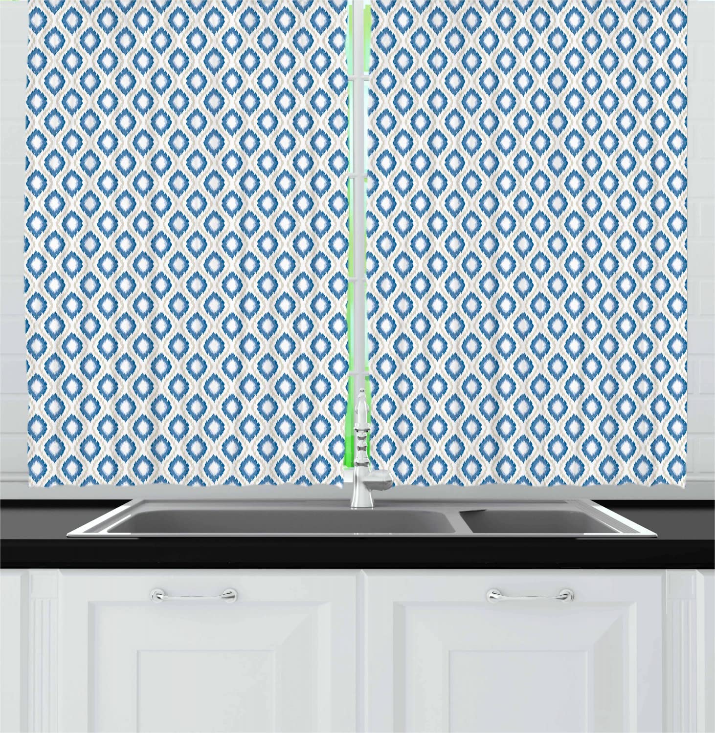 Ambesonne Ikat Long Kitchen Curtains - Nautical Inspired Geometric Pattern with Rhombus Lines & Squares - 55