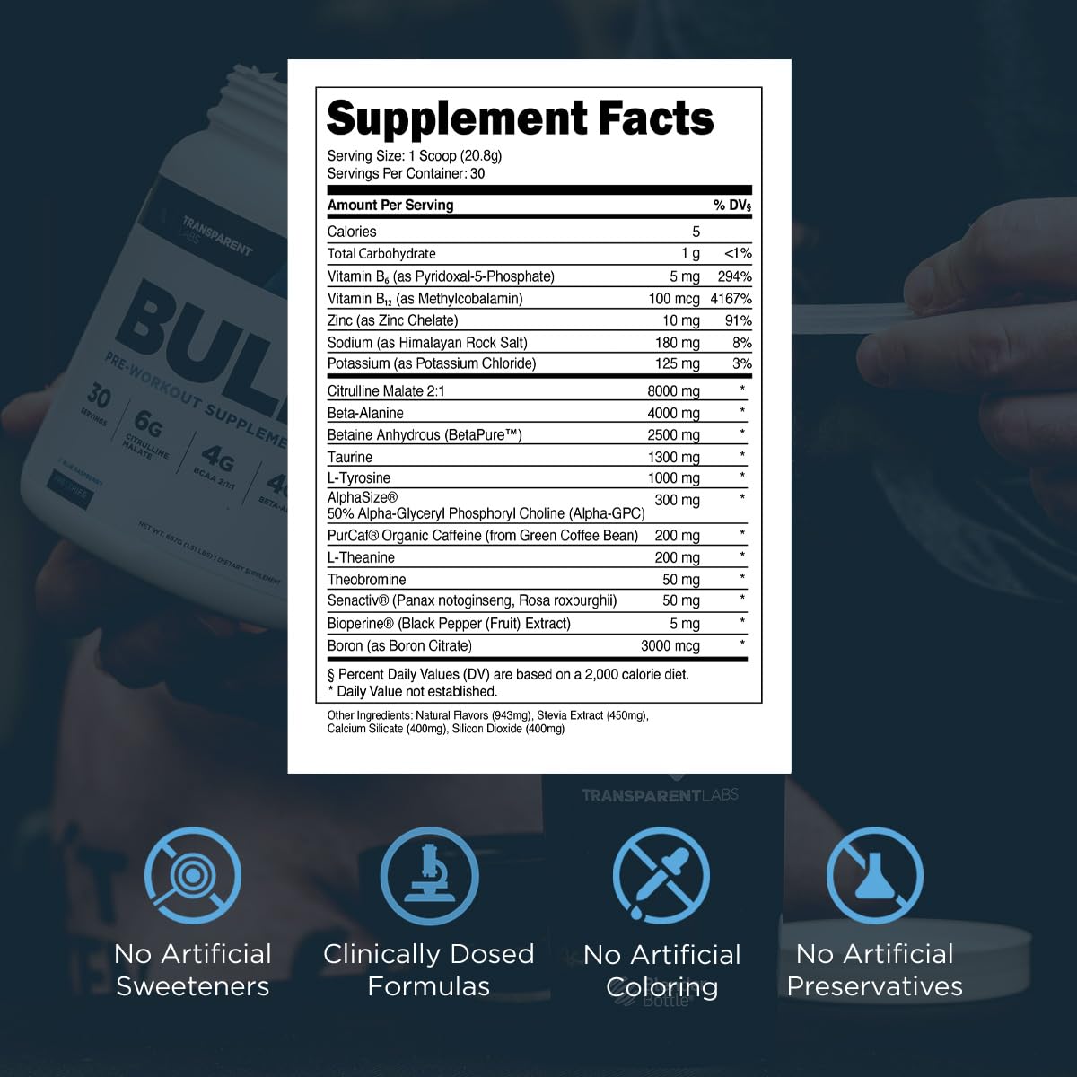 Transparent Labs Bulk Pre-Workout - Blue Raspberry, 30 Servings for Muscle & Strength | Gym & Fitness