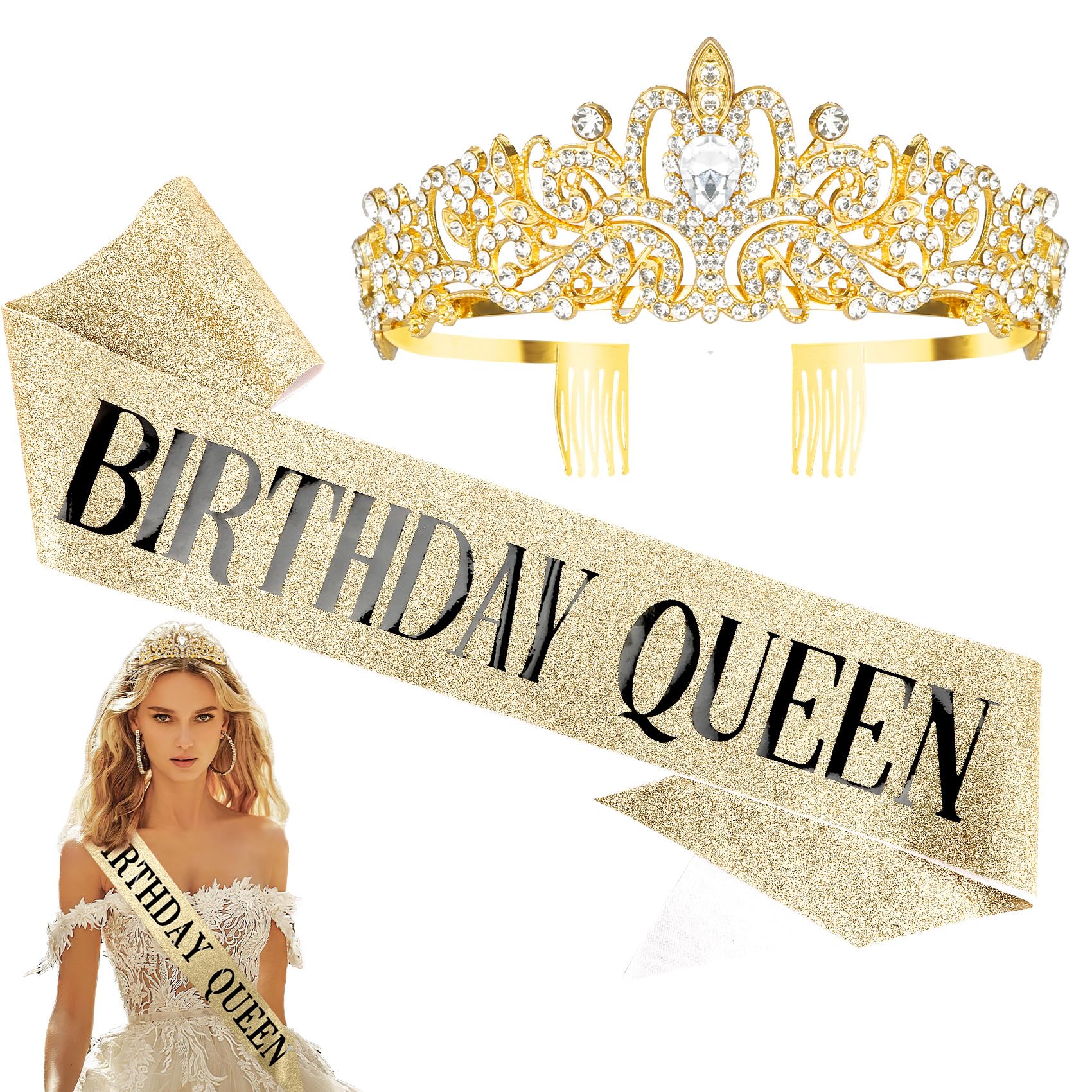 Elegant Birthday Sash & Tiara Set for Women - Queen Birthday Crown & Headband Decorations - Perfect for Birthday Parties, Bachelorette Celebrations & Special Occasions
