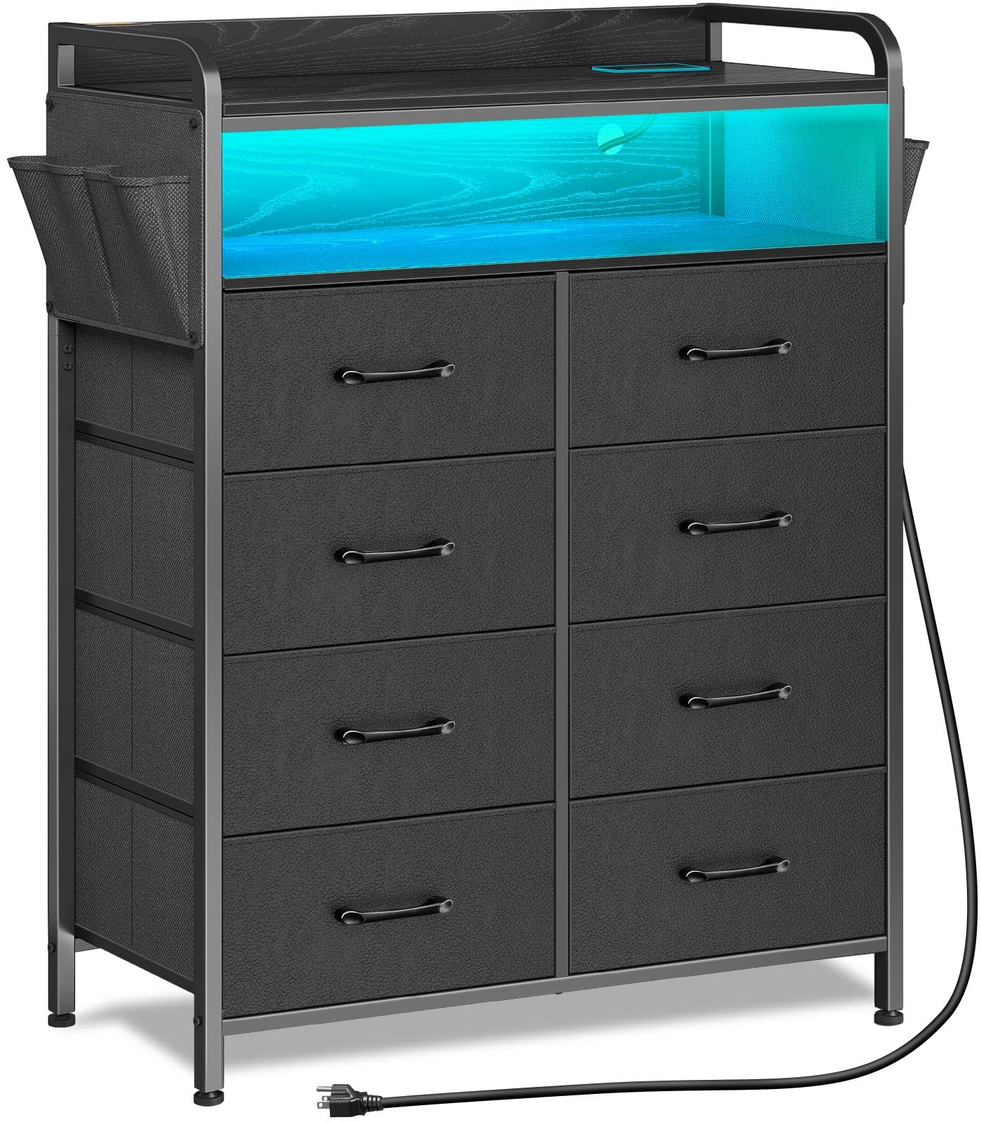 Rolanstar 8-Drawer Dresser with Power Outlets & LED Lights, Fabric Storage Chest with PU Finish, Sturdy Wood Top Frame & Side Pockets - Modern Tall Bedroom Dresser for Clothes Organization & Home Decor (Black)