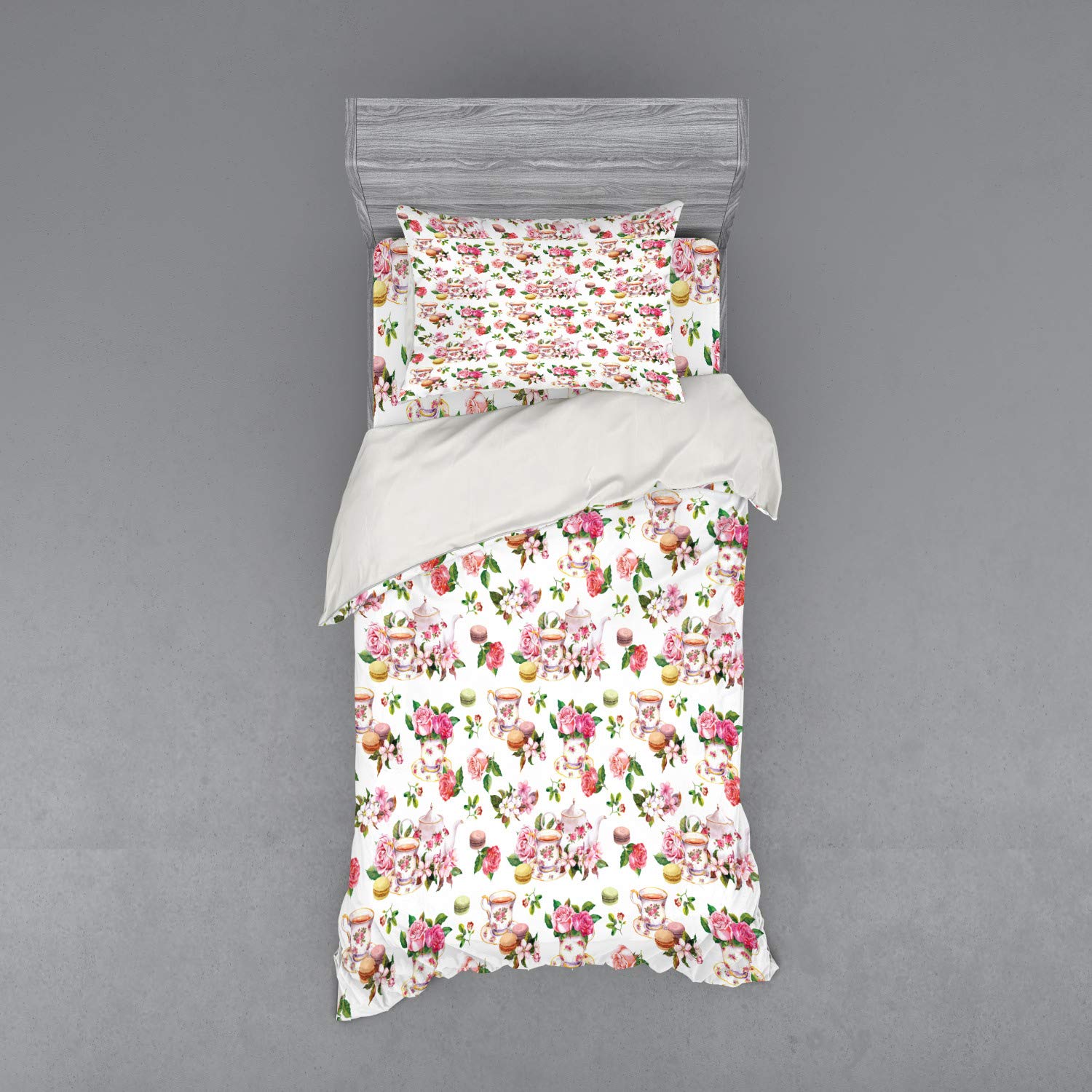 Vintage Floral Duvet Cover Set - 3 Piece Antique Tea Time Design with Roses, Cups & Leaves - Twin XL Size Multicolor Bedding Set for Cozy Vintage Bedroom Decor