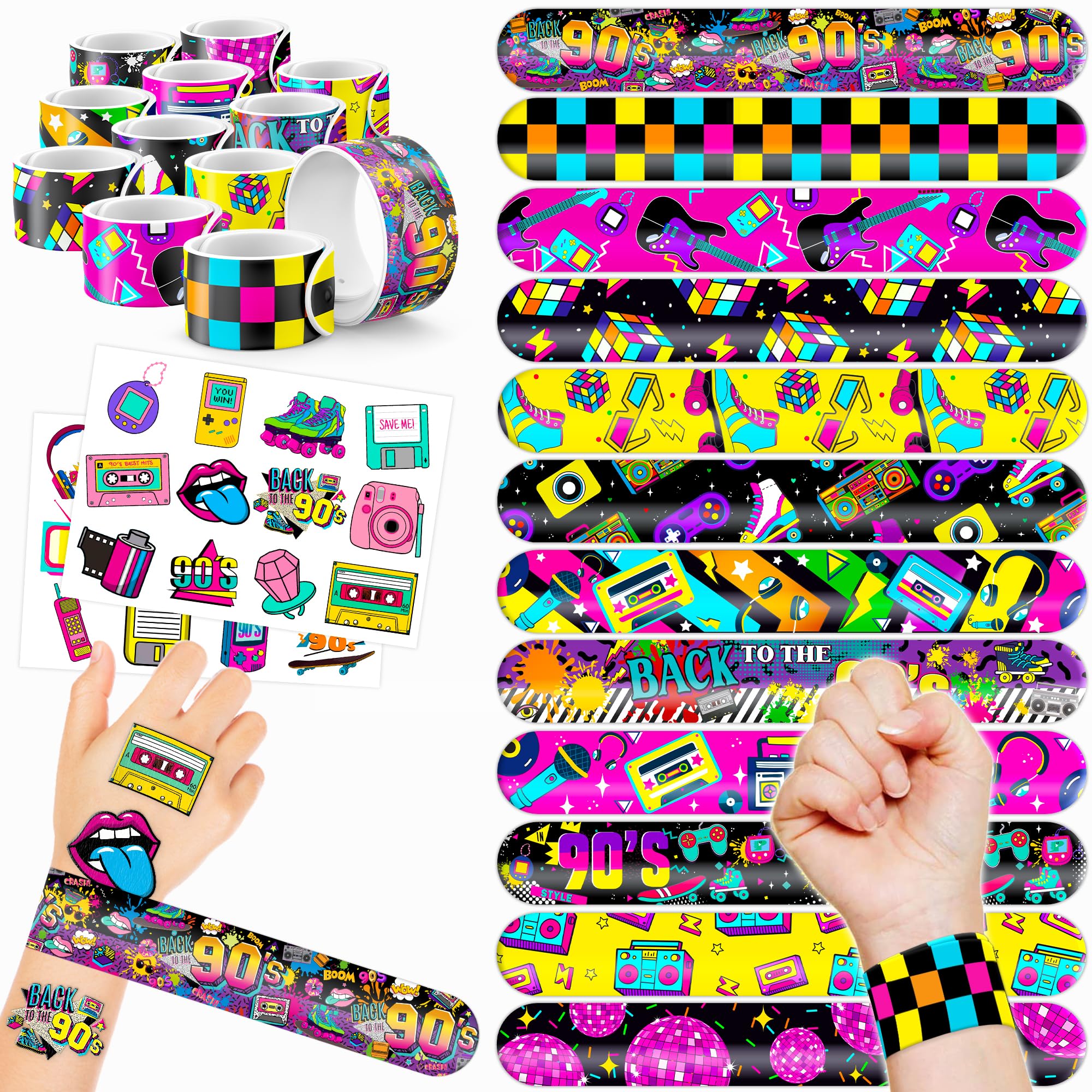48PCS 90s & 80s Party Favors - 24PCS Temporary Tattoos & 24PCS Slap Bracelets, Retro 90s Birthday Party Supplies Decorations for Kids, Classroom Prizes & Rewards for Boys & Girls - Perfect for 90s Theme Parties, School Events & Birthday Gifts