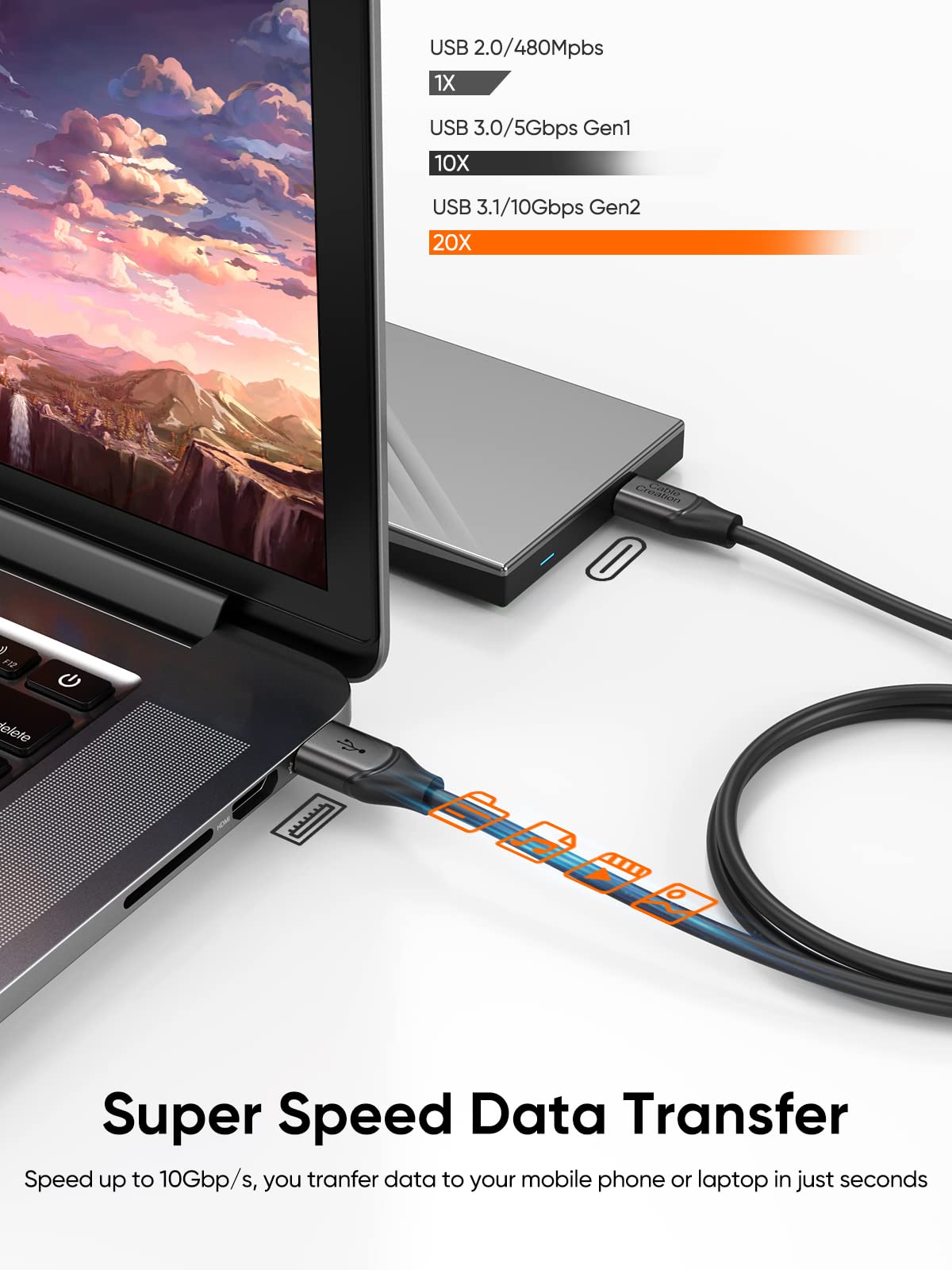 CableCreation USB C to USB A Cable 3.3FT (1m) - 10Gbps High-Speed Data Transfer & 3A Fast Charging - USB 3.2 Gen2 Compatible with MacBook Pro, iPad, Samsung S21, External SSD - Durable Black Cable for Home, Office & Travel