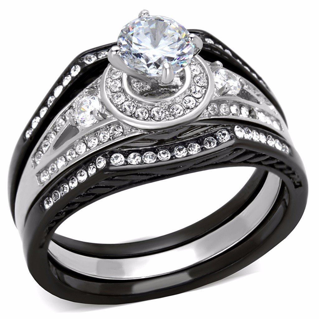 Lanyjewelry 6x6mm Round Cubic Zirconia Black IP Stainless Steel Engagement Ring Set (3-Piece) - Perfect for Weddings, Proposals & Anniversary Gifts