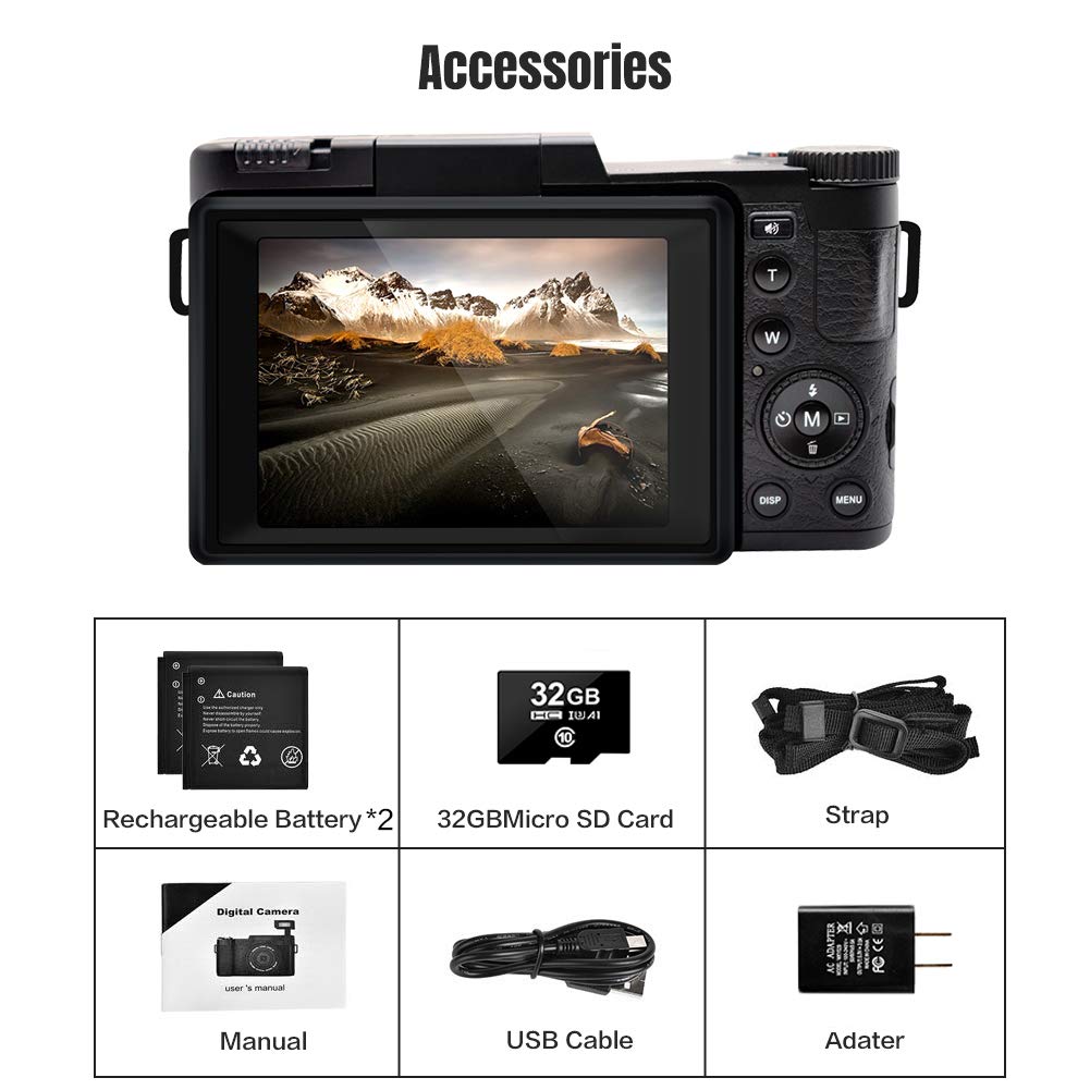 2.7K 30MP Digital Camera with Flip Screen & Flash - Full HD Vlogging Camera for YouTube, 3 Inch LCD, 2 Batteries Included (Black) - Perfect for Travel, Blogging & Content Creation
