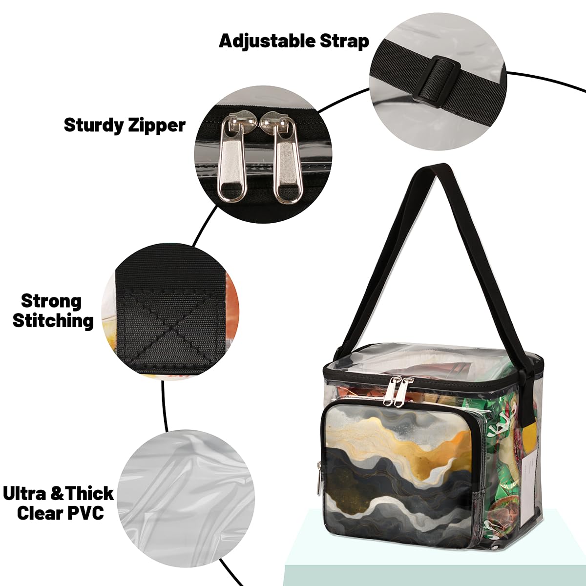 GzLeyigou Clear Marble Print Tote Bag with Handles - Fashionable Transparent Shoulder Bag for Women, Crossbody Purse for Outdoor, Travel, Picnic, Concerts & Sports Events (Stadium Approved) - Perfect for Beach, Shopping, Music Festivals & Daily Use
