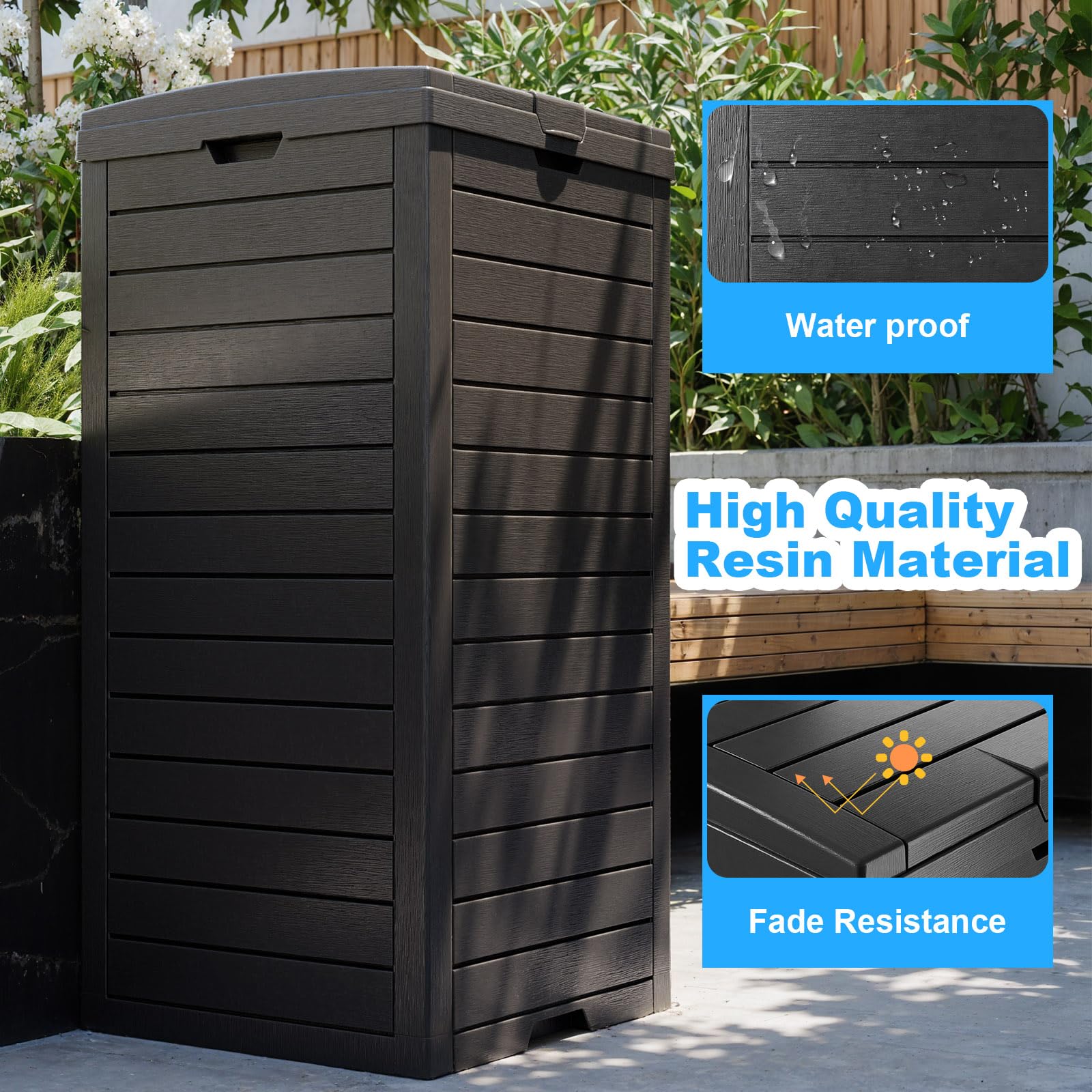 Outdoor Trash Can with Lid - 31 Gallon Waterproof Resin Garbage Bin with Dual Lid Closure & Pull-Out Liquid Drawer - Heavy Duty for Patio, Backyard, Deck, Garden, Camping & Outdoor Events (Black)