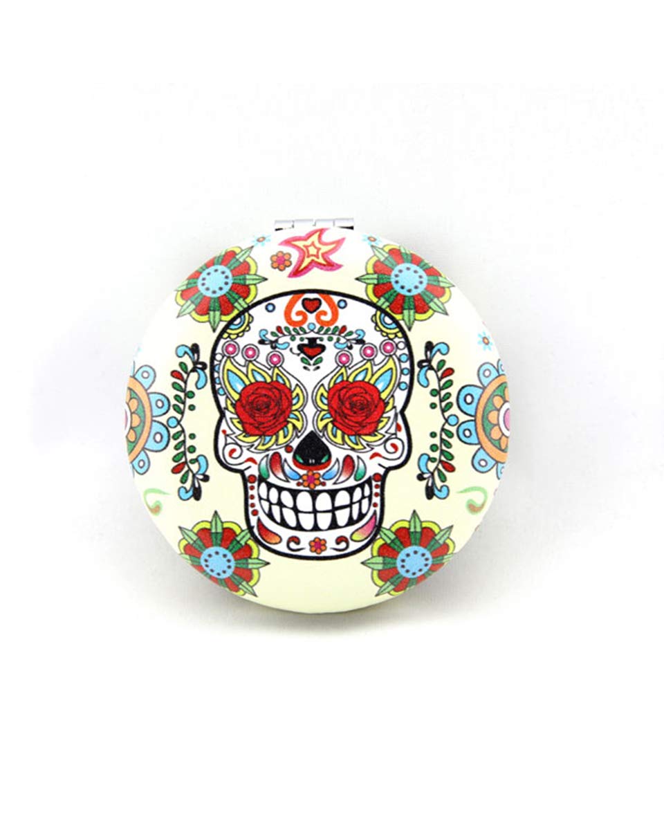 Sugar Skull Compact Mirror - Portable Makeup Mirror for Women, Gothic Skull Design, Perfect Gift for Halloween, Dia de Los Muertos, Cosplay & Travel (White)