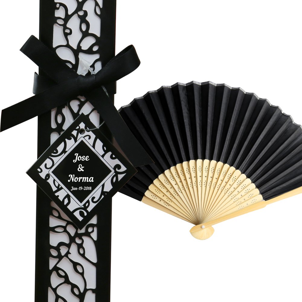 50pcs Black Silk Bamboo Handheld Folding Fans - Elegant Wedding Favors, Bridal Shower Gifts with Laser-Cut Gift Box - Perfect for Asian Weddings, Tea Ceremonies, Cultural Events & Summer Cooling Accessories