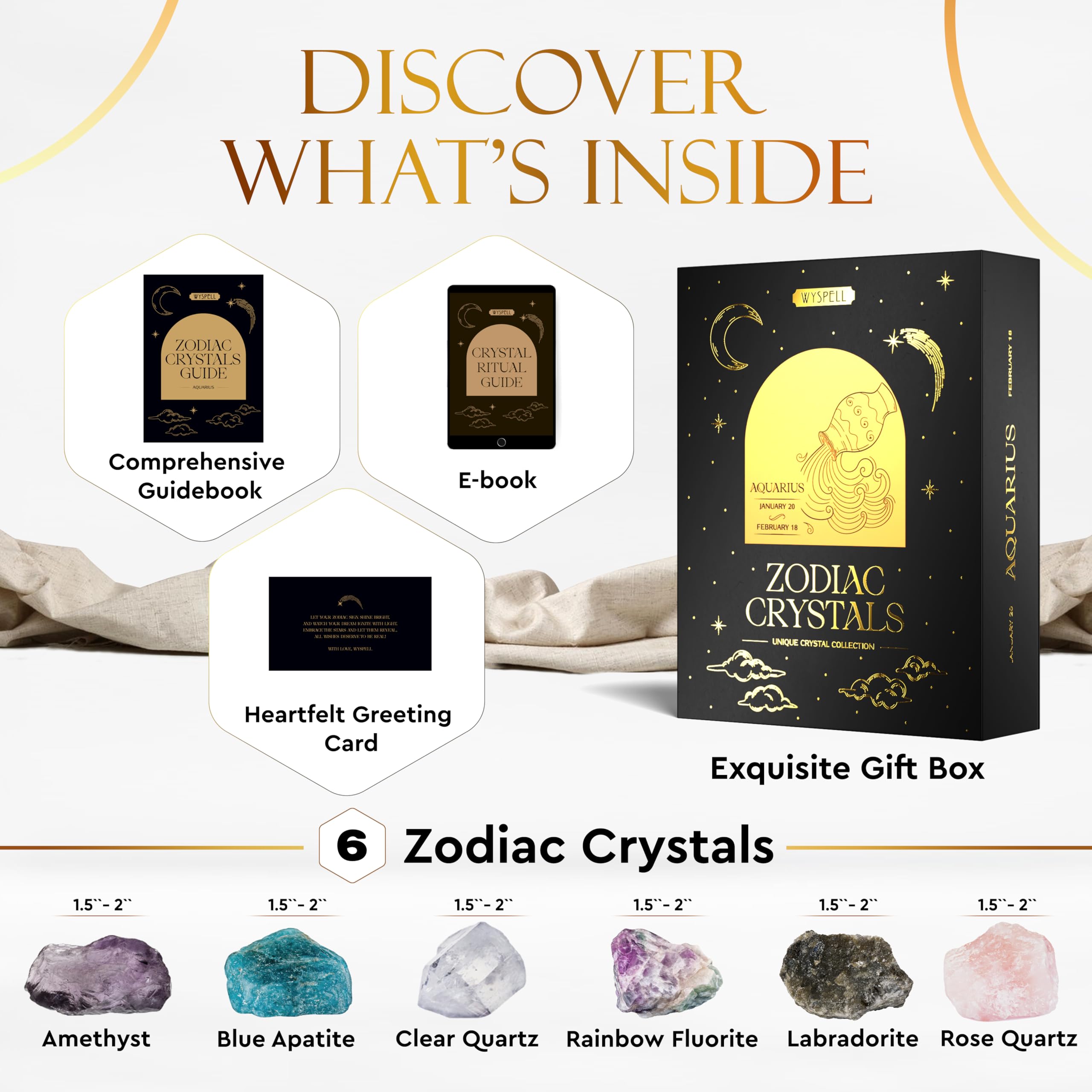 Wyspell Aquarius Crystal Set - 6 Raw Aquarius Healing Stones & Zodiac Gifts for Women - Perfect Birthday, Astrology & Spiritual Gifts - Ideal for Meditation, Energy Healing & Home Decor