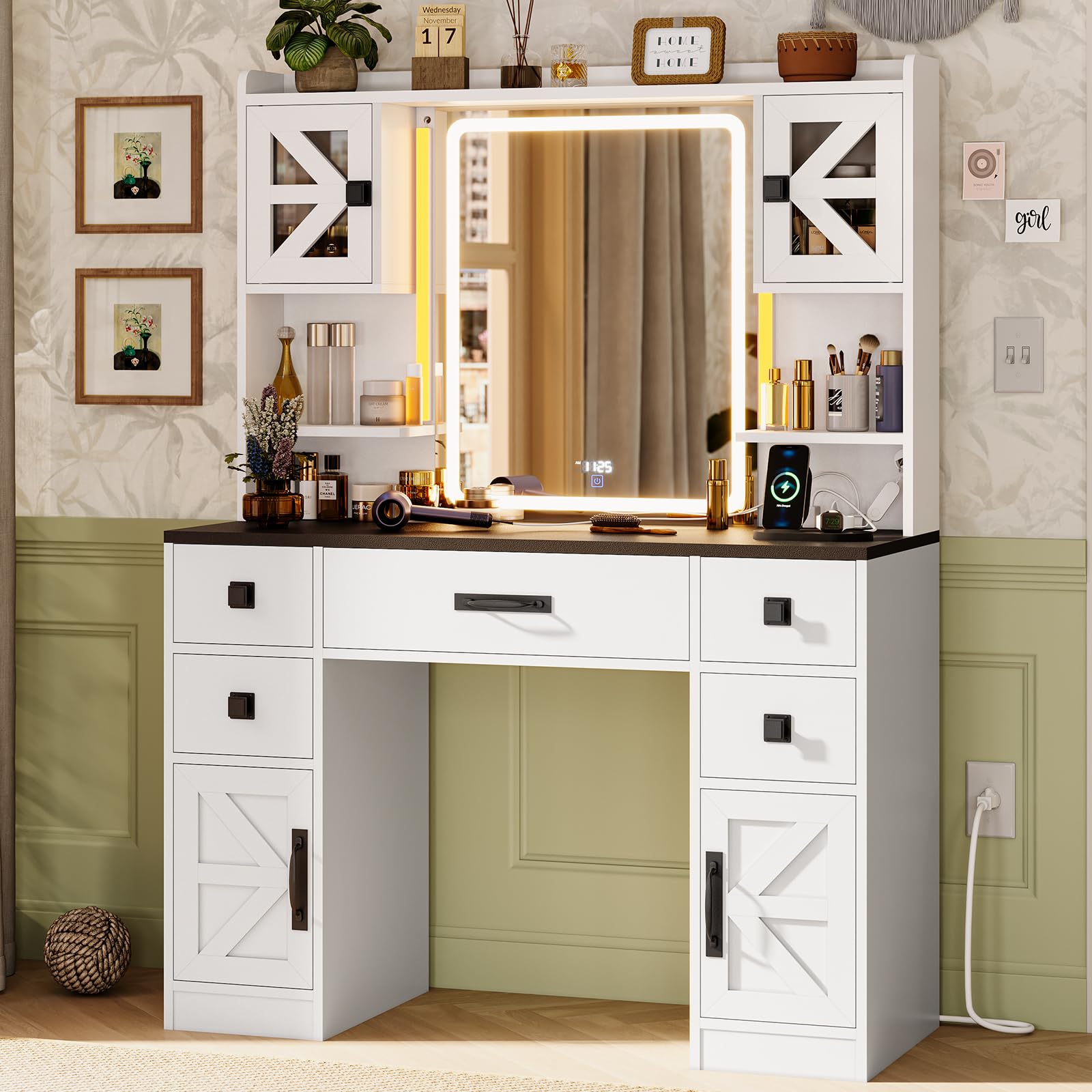 Tiptiper Farmhouse Vanity with Touch Screen Mirror & Time Display - Large Makeup Vanity with USB Charging Station, LED RGB Lights & 5 Drawers - White & Black Vanity Desk with Mirror - Perfect for Bedroom, Dressing Room & Home Salon Makeup Organization