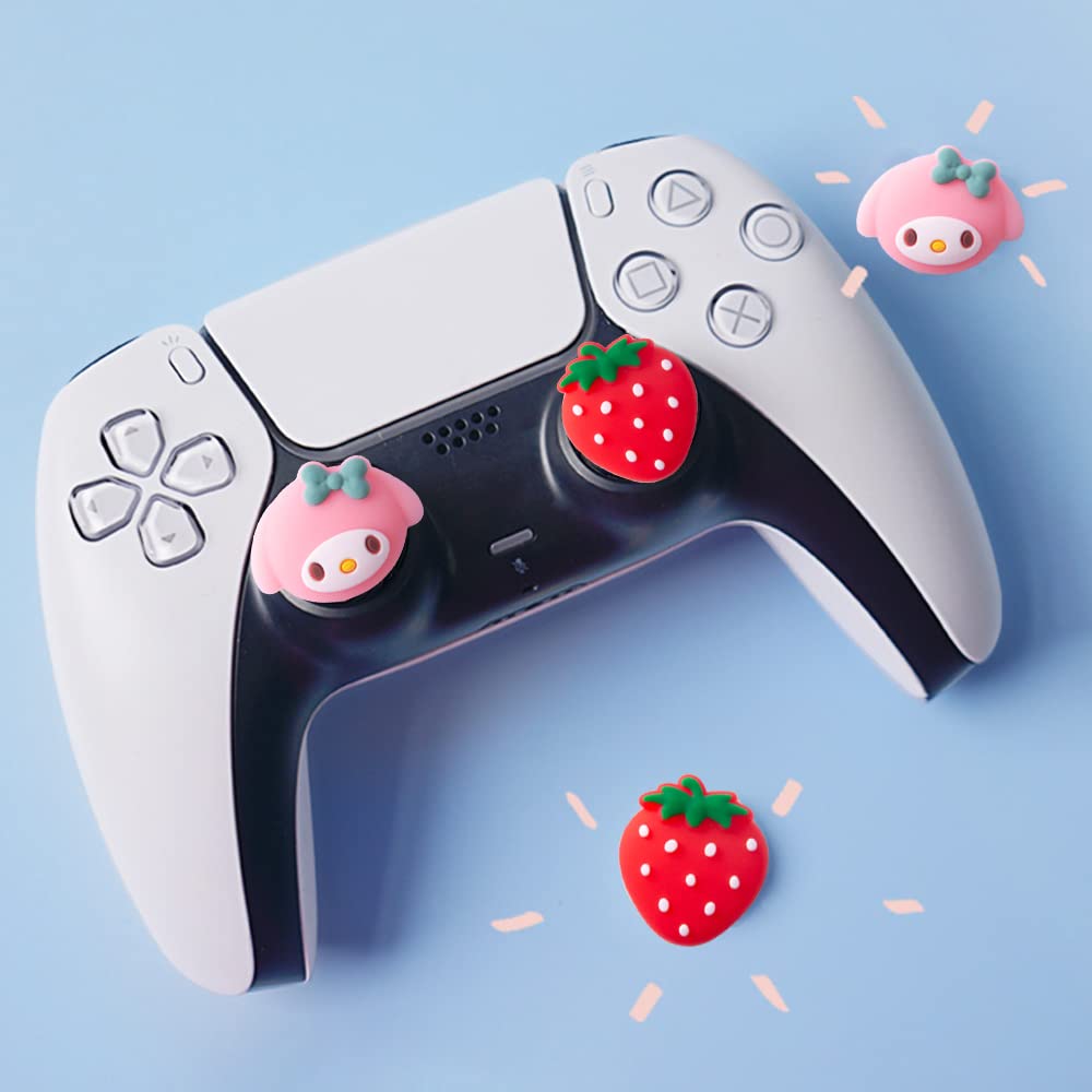 PERFECTSIGHT Cute Thumb Grip Caps for PS5, PS4, Xbox Series X/S, Xbox One, Switch PRO Controller - 4PCS Soft Skin Rubber 3D Analog Thumbsticks Grips Joystick Cover (Strawberry Design) - Enhance Gaming Comfort & Grip for Long Play Sessions