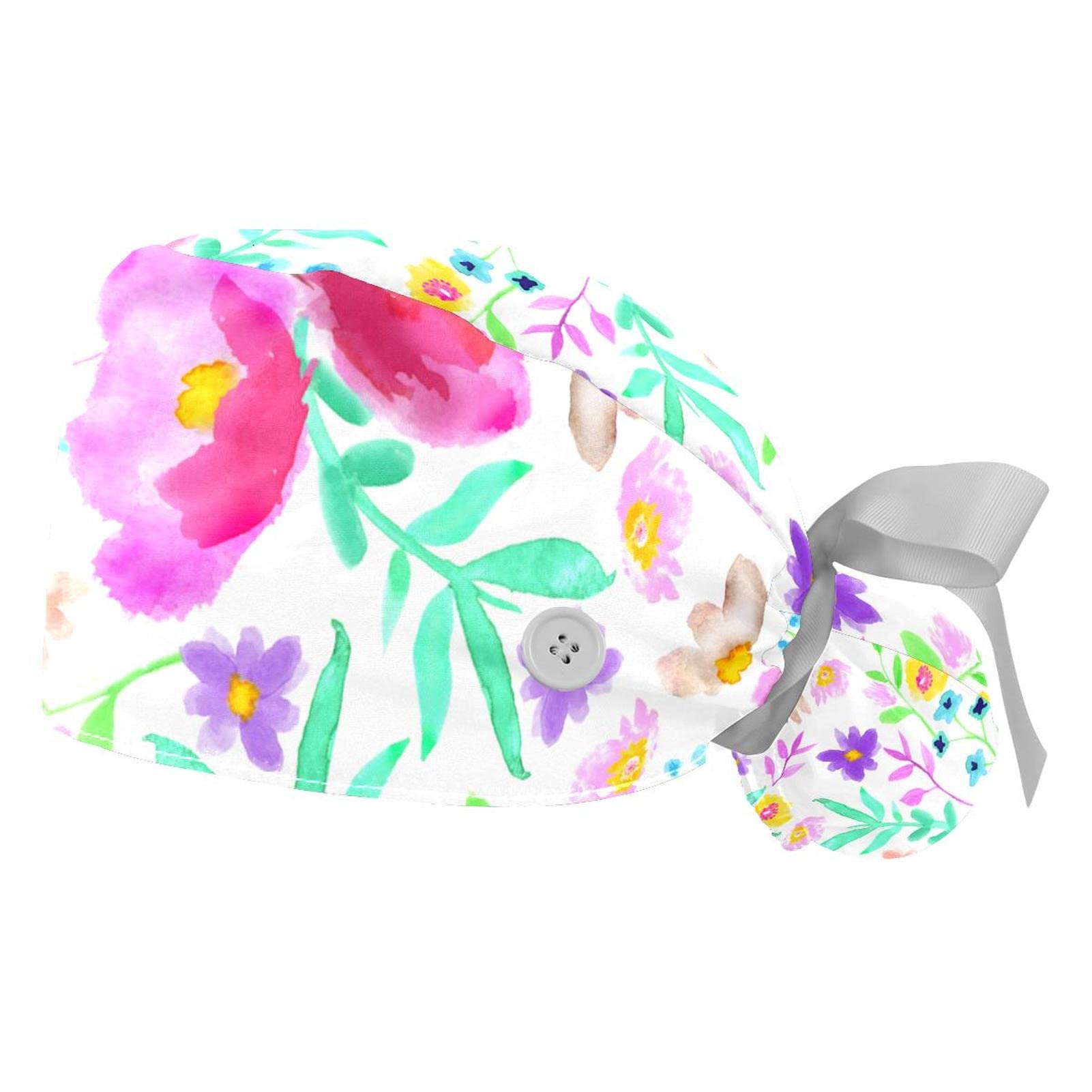 2 Pack Women's Work Caps with Button Ribbon Tie Back - Watercolor Butterfly Lily Flower Design - Long Hair Cover for Nurses, Chefs & Waitresses - Perfect for Professional & Casual Use