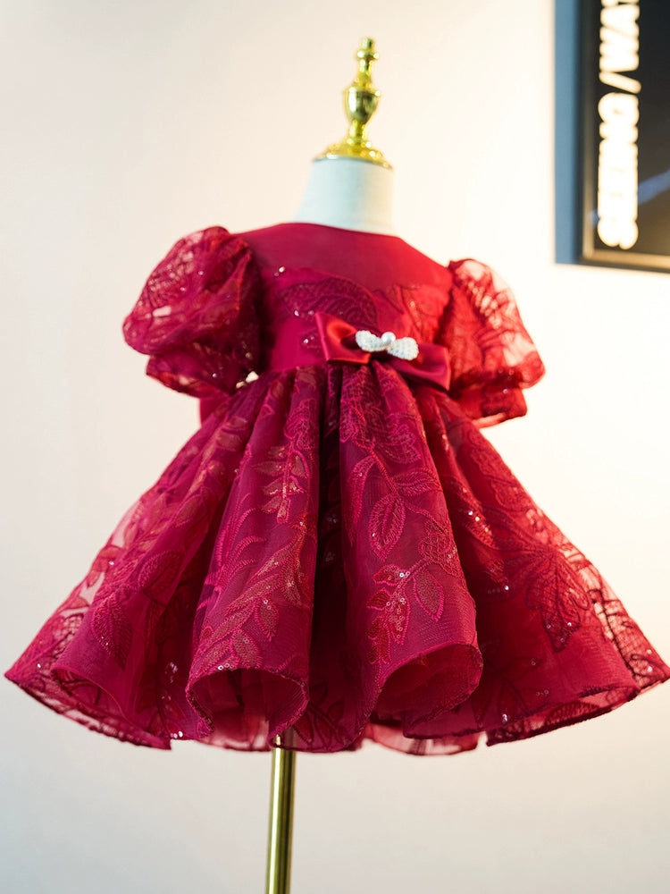 Burgundy Princess Round Tea Length Lace Flower Girl Dress for Weddings, Bridal Parties & Special Occasions