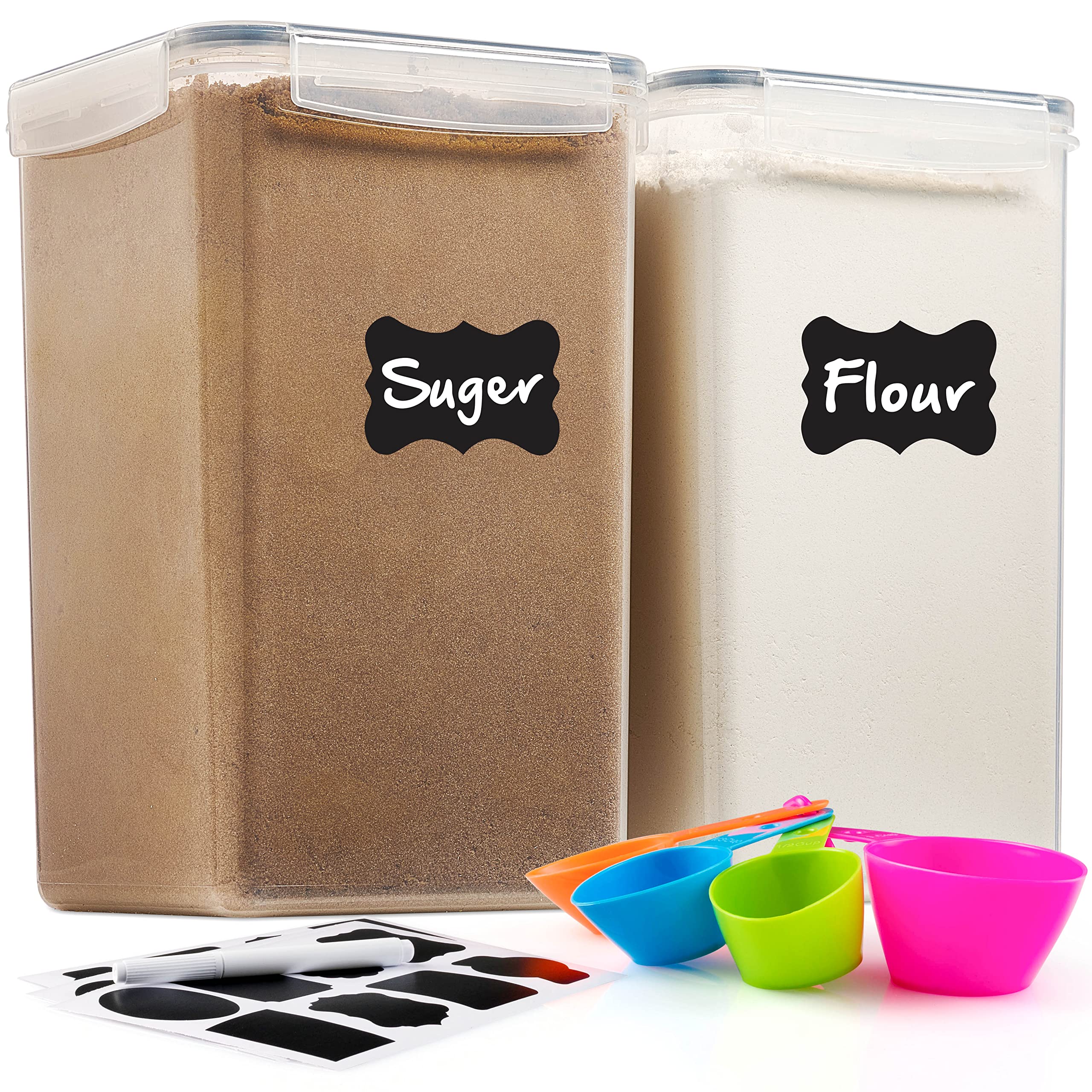 2 Pack Extra Large Airtight Food Storage Containers - 6.5L / 220 Oz BPA Free Clear Plastic Kitchen & Pantry Organization for Flour, Sugar, Rice & Baking Supplies - Includes Labels, Marker & Spoon Set - Perfect for Meal Prep, Bulk Storage & Home Organization