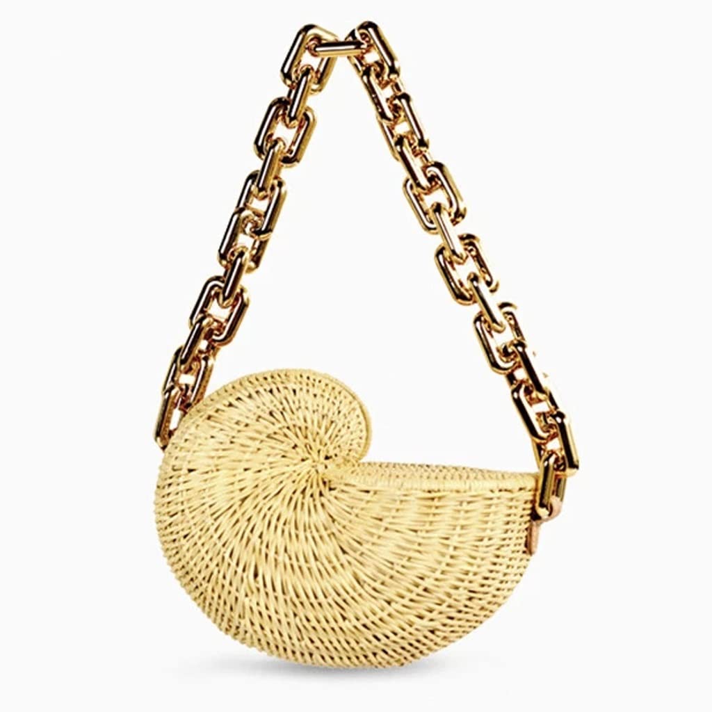 Stylish Conch Shell Rattan Shoulder Bag with Adjustable Chain Strap - Perfect for Beach Vacations, Summer Outfits & Boho Fashion (One Size, As Shown)