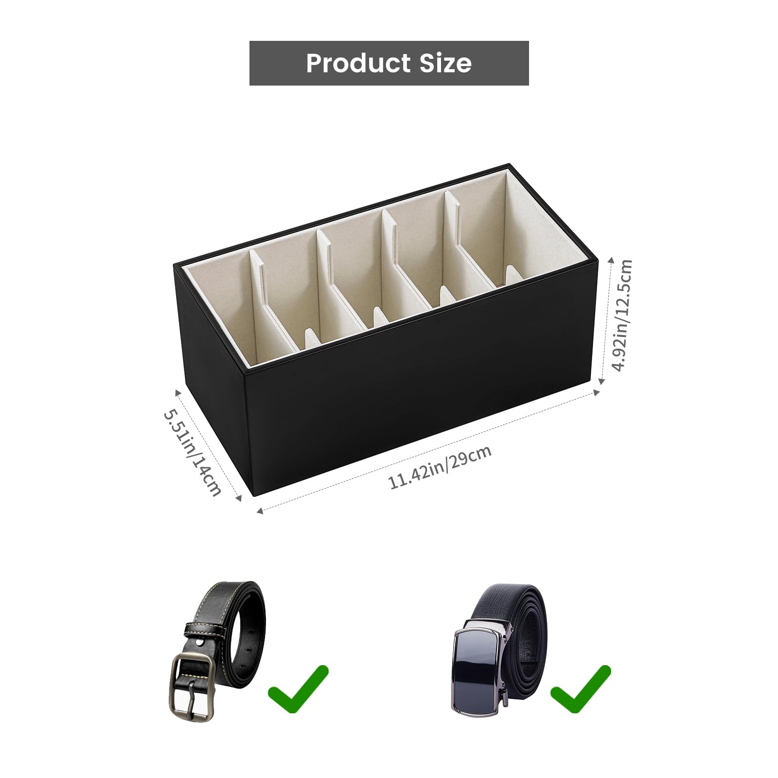 2 Packs PU Leather Belt Organizer - 5 Grids Belt Holder for Men's Closet & Drawer Storage - Black Belt Tie Organizer for Home & Travel Use