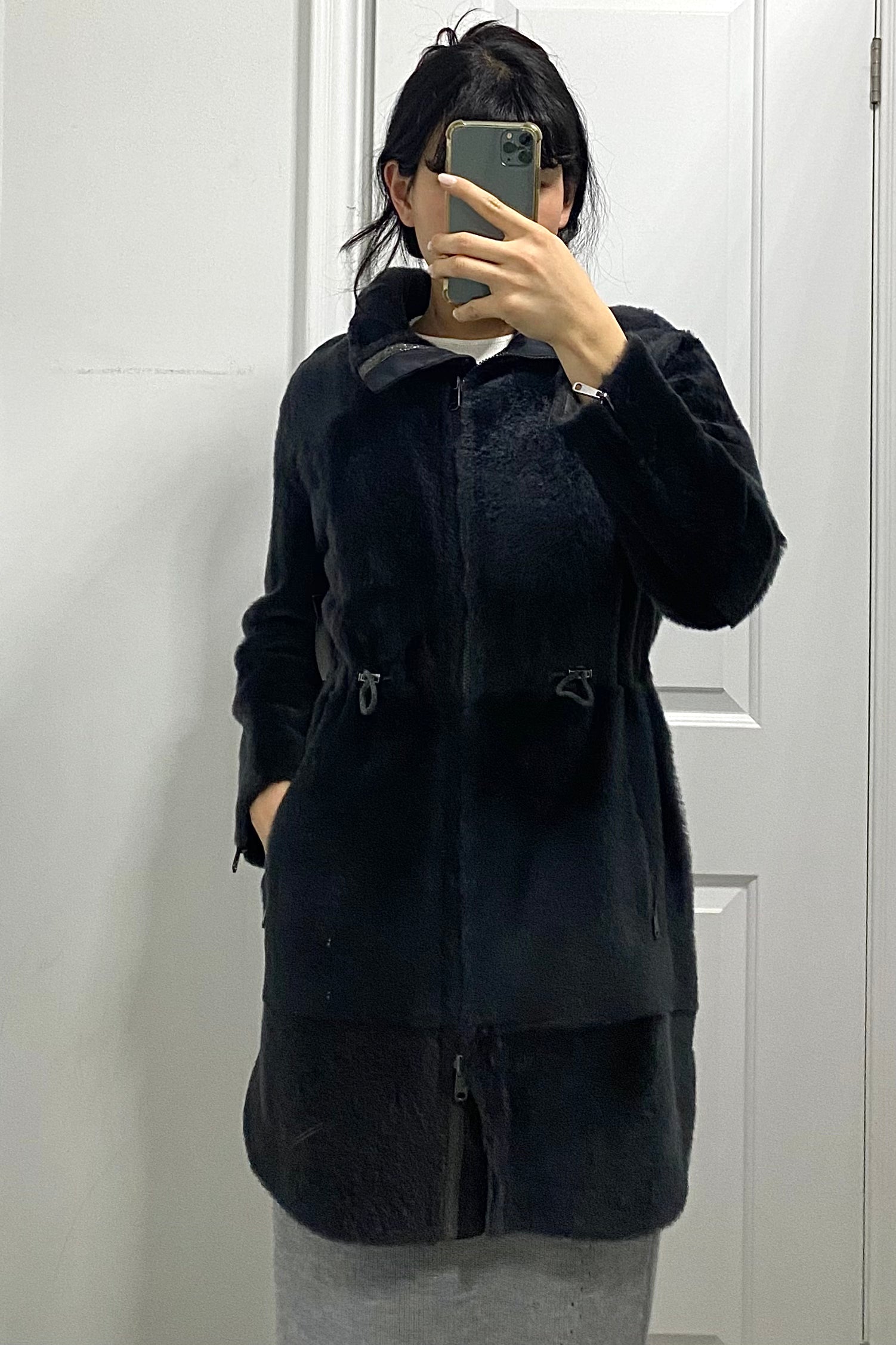Brunello Cucinelli Midnight Reversible Shearling Coat - Women's Luxury Winter Jacket, Size IT40 / S (4), Warm Faux Fur Lining - Perfect for Cold Weather & Evening Outings