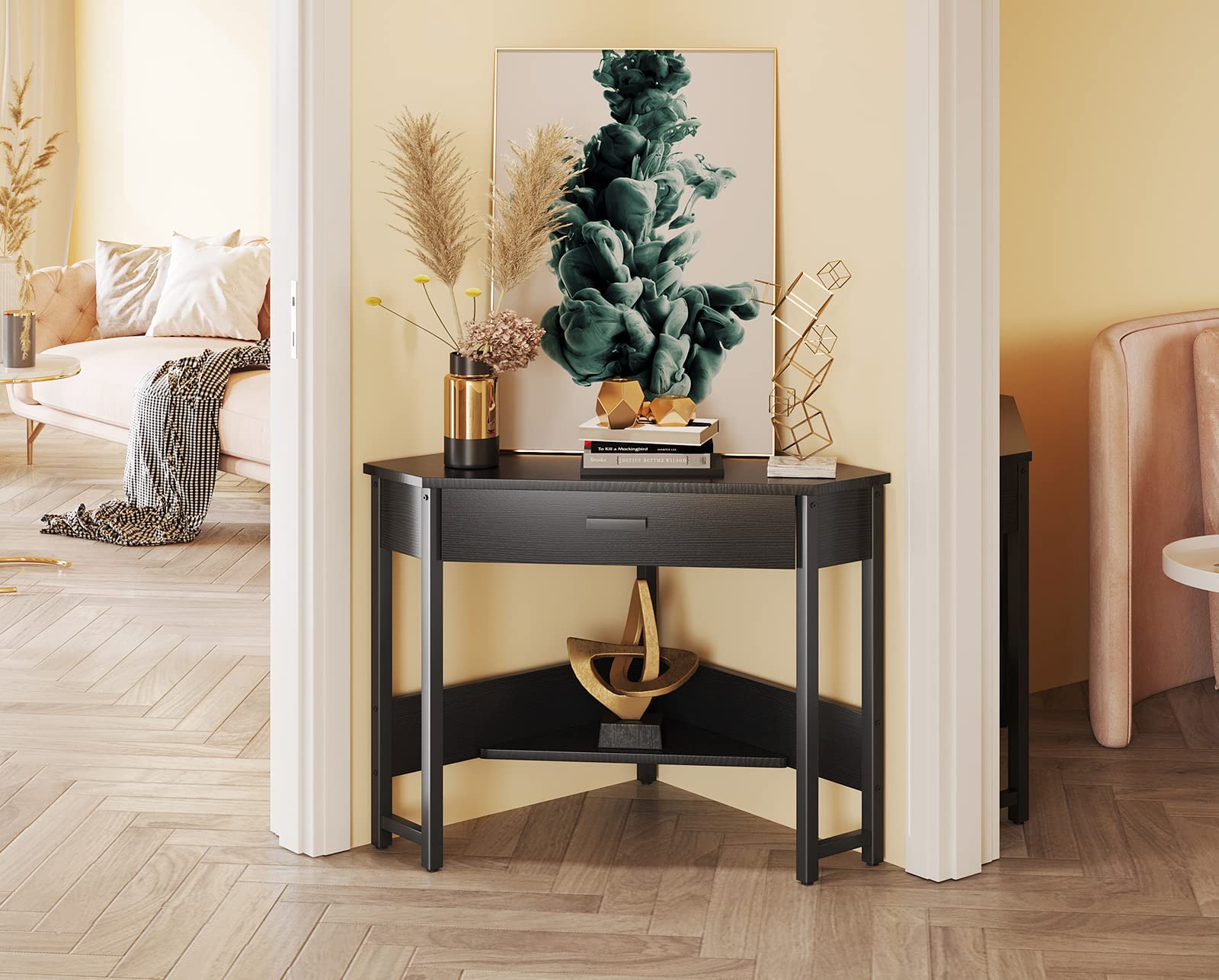 ODK Corner Desk - Triangle Computer Desk with Large Drawer & Storage Shelves, Small Space Writing Workstation for Home Office, Gaming Setup & Dorm Room