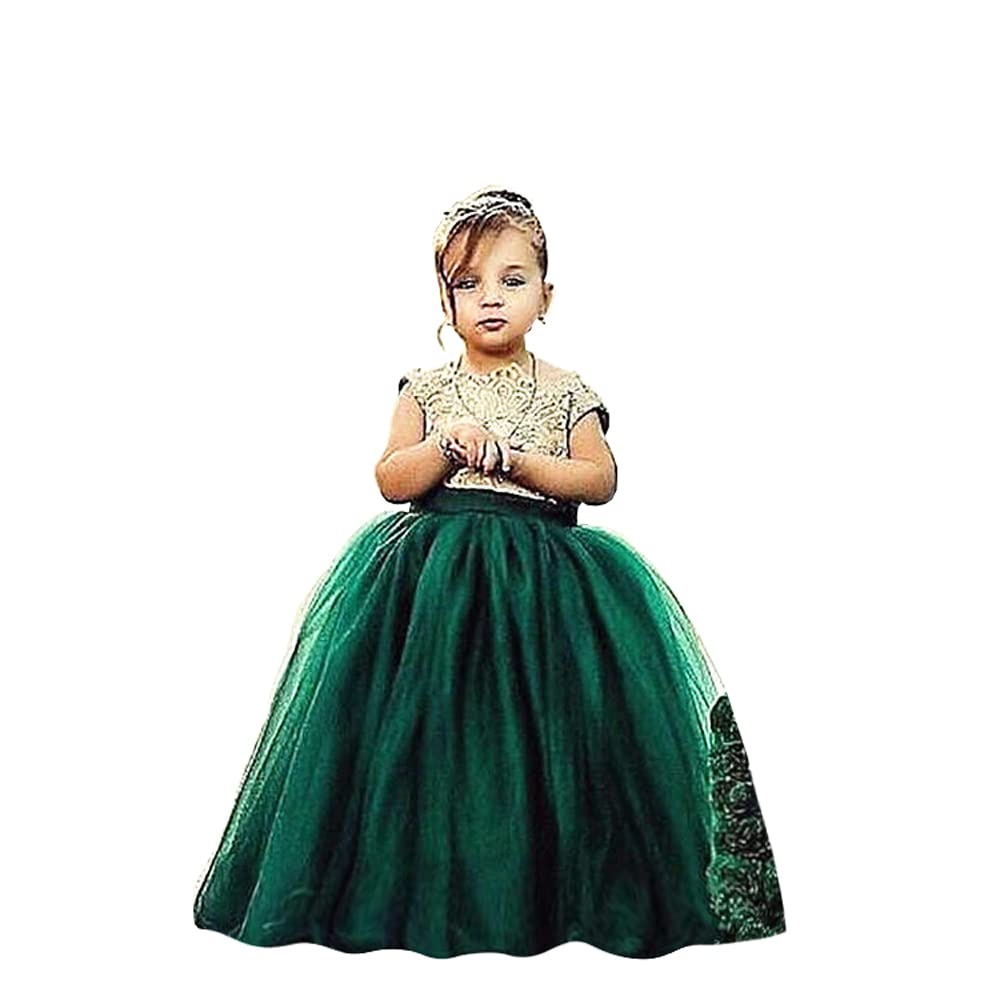 Emerald Flower Girl Dress with Gold Lace for Wedding Party