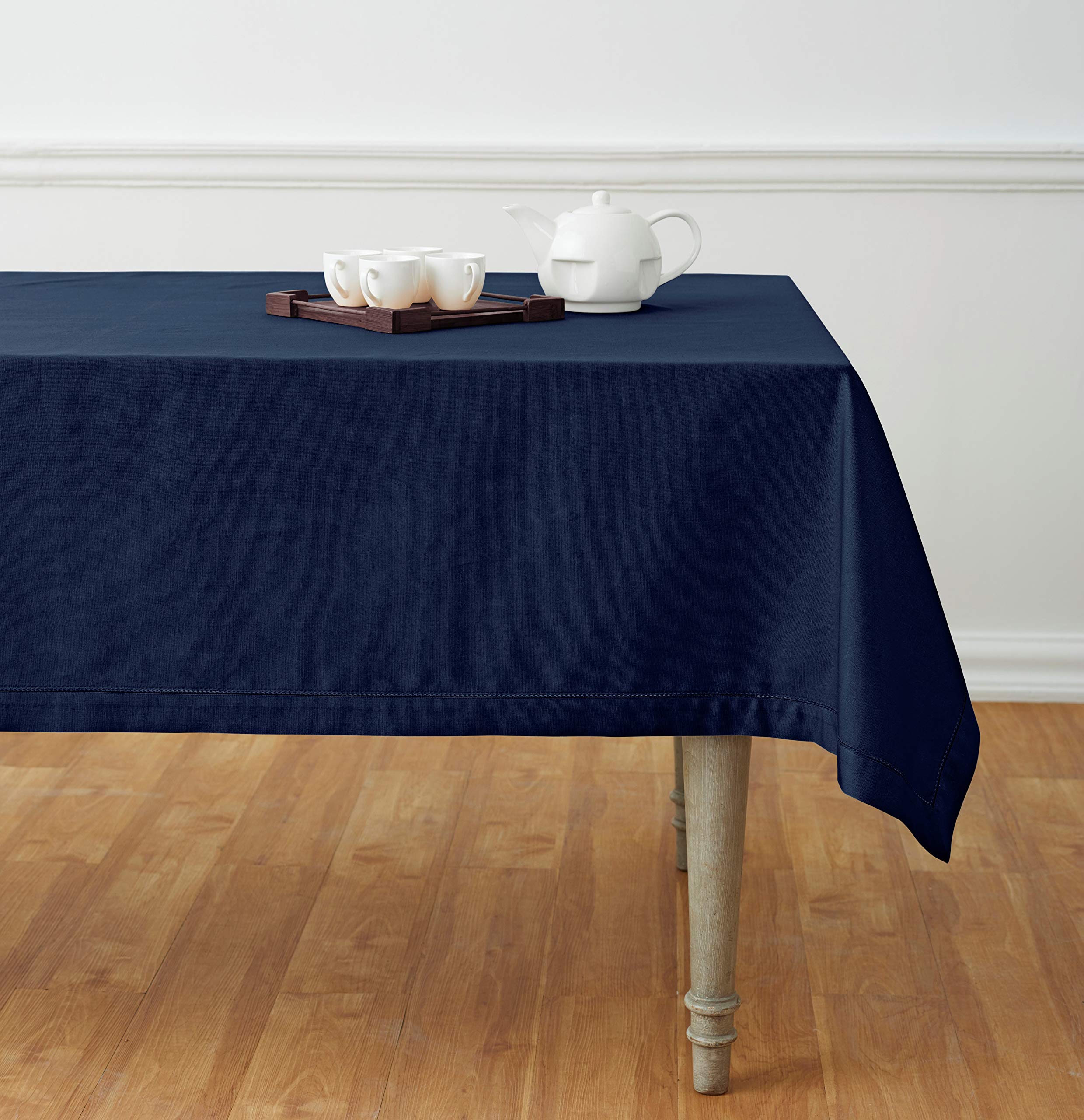 Premium Cotton Linen Hemstitch Tablecloth 58x84 Inch - Navy Blue Rectangle Table Cover for Dining Room, Wedding & Party Decor - Machine Washable Tablecloth for Spring, Easter, Mother's Day & Holiday Celebrations - Perfect for Formal Dinners, Family Gatherings & Special Occasions
