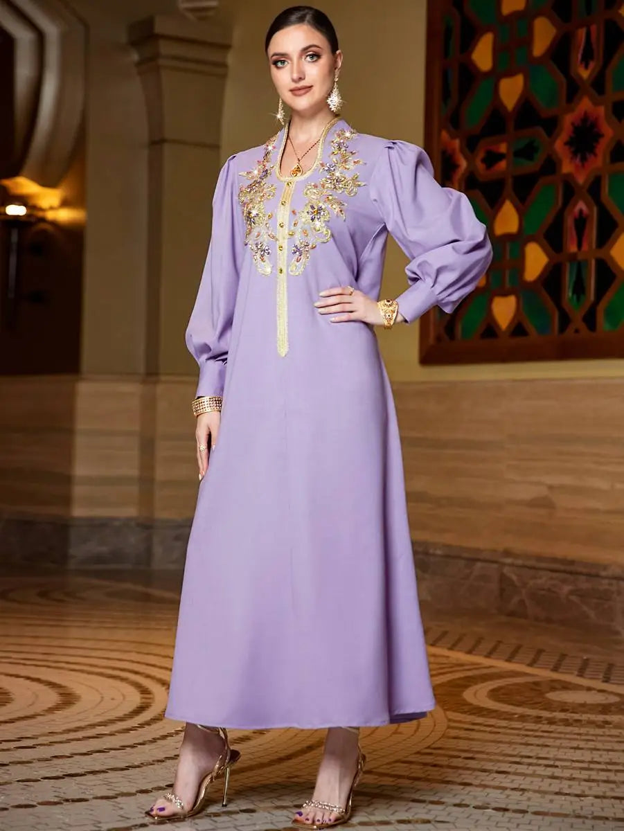 Elegant Hand-Stitched Rhinestone Lace Applique Caftan Dress for Women | Boho Chic Beach Cover Up, Evening Gown & Summer Party Wear