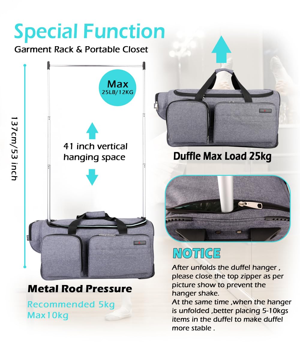 28-Inch Collapsible Rolling Dance Duffel Bag with Garment Rack - Wheeled Upright Luggage for Travel & Dance Competitions (Grey) | Perfect for Ballet, Ballroom & Costume Storage On-The-Go