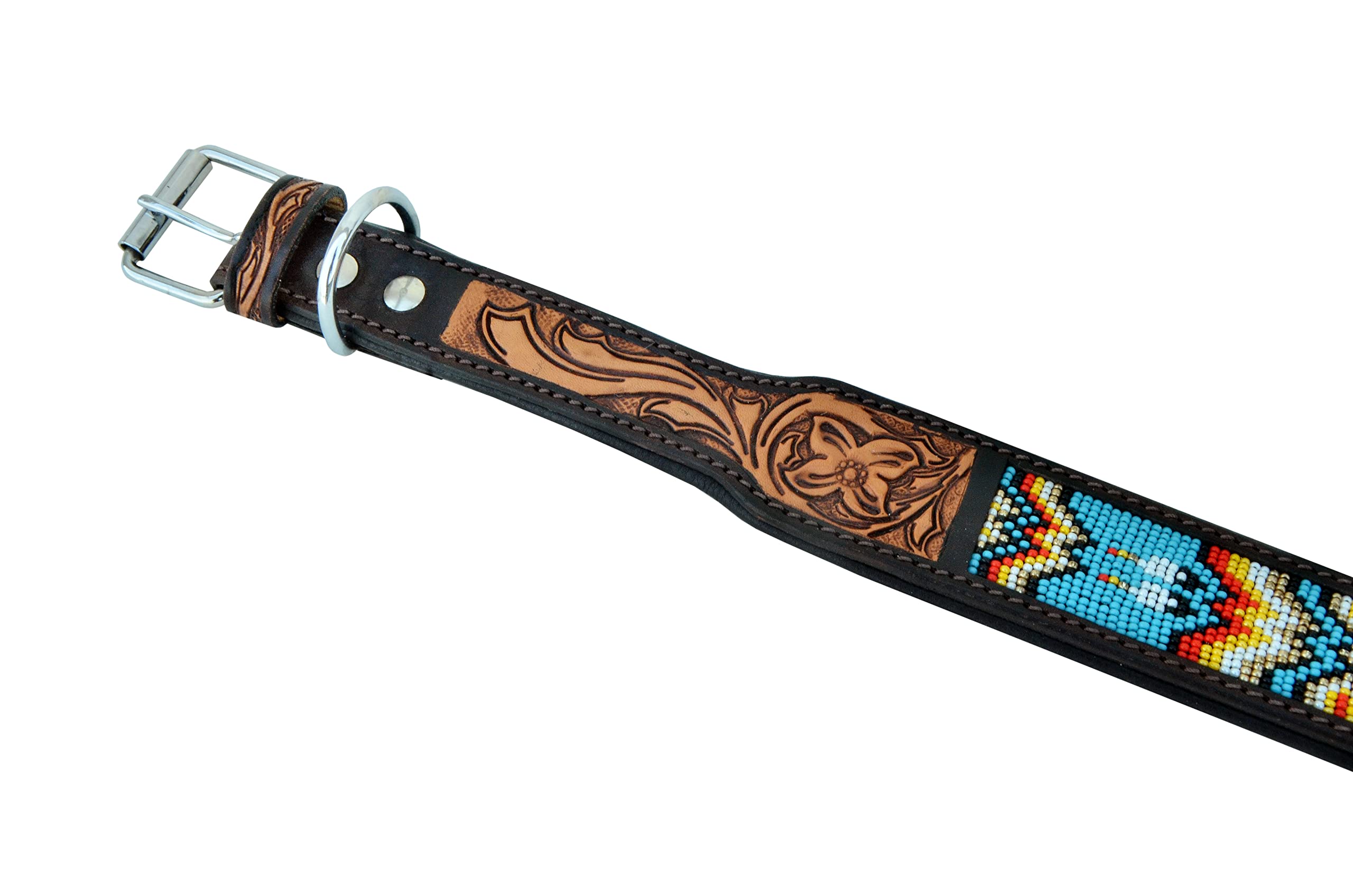 Western Style Heavy Duty Leather Dog Collar - Hand Tooled, Adjustable, Beaded & Padded for Puppies & Large Dogs | Durable & Comfortable for Daily Walks, Training & Outdoor Adventures (10AB011)