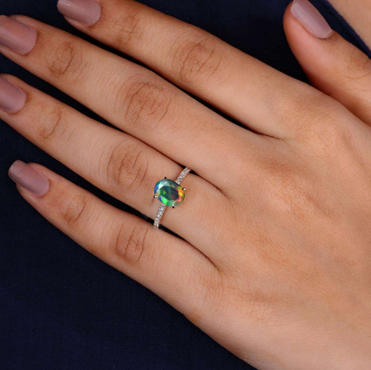 Stunning Black Oval Natural Fire Ethiopian Opal Statement Ring for Women | Elegant Jewelry Gift for Birthday, Anniversary & Special Occasions