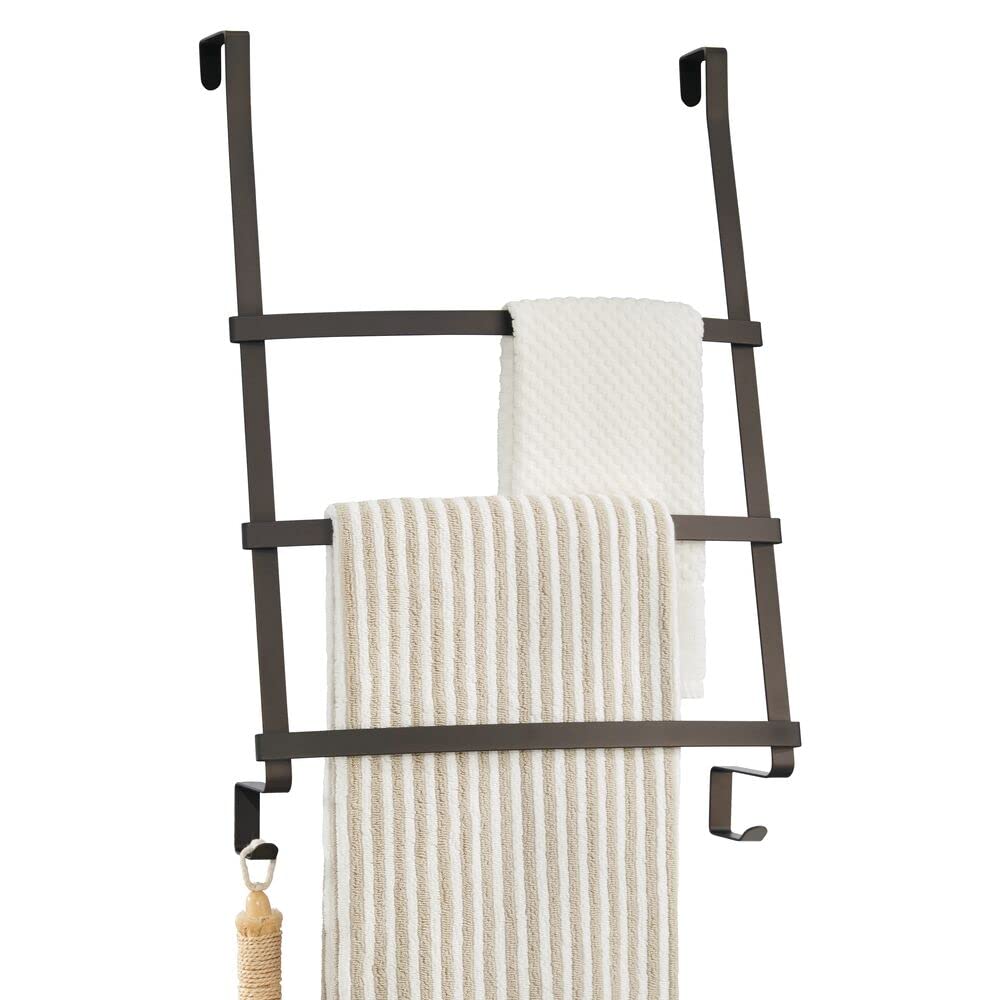 mDesign Modern Decorative Bronze Metal Over Shower Door Towel Rack Holder with Storage Hooks - Bathroom Organizer for Towels, Washcloths, Hand Towels, Loofahs & Sponges - Perfect for Small Spaces & Spa-Like Showers