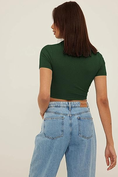 R LON Women's Ribbed Polo Collar Half Sleeve T-Shirt - Small, Green | Casual Summer Outfit & Golf Wear