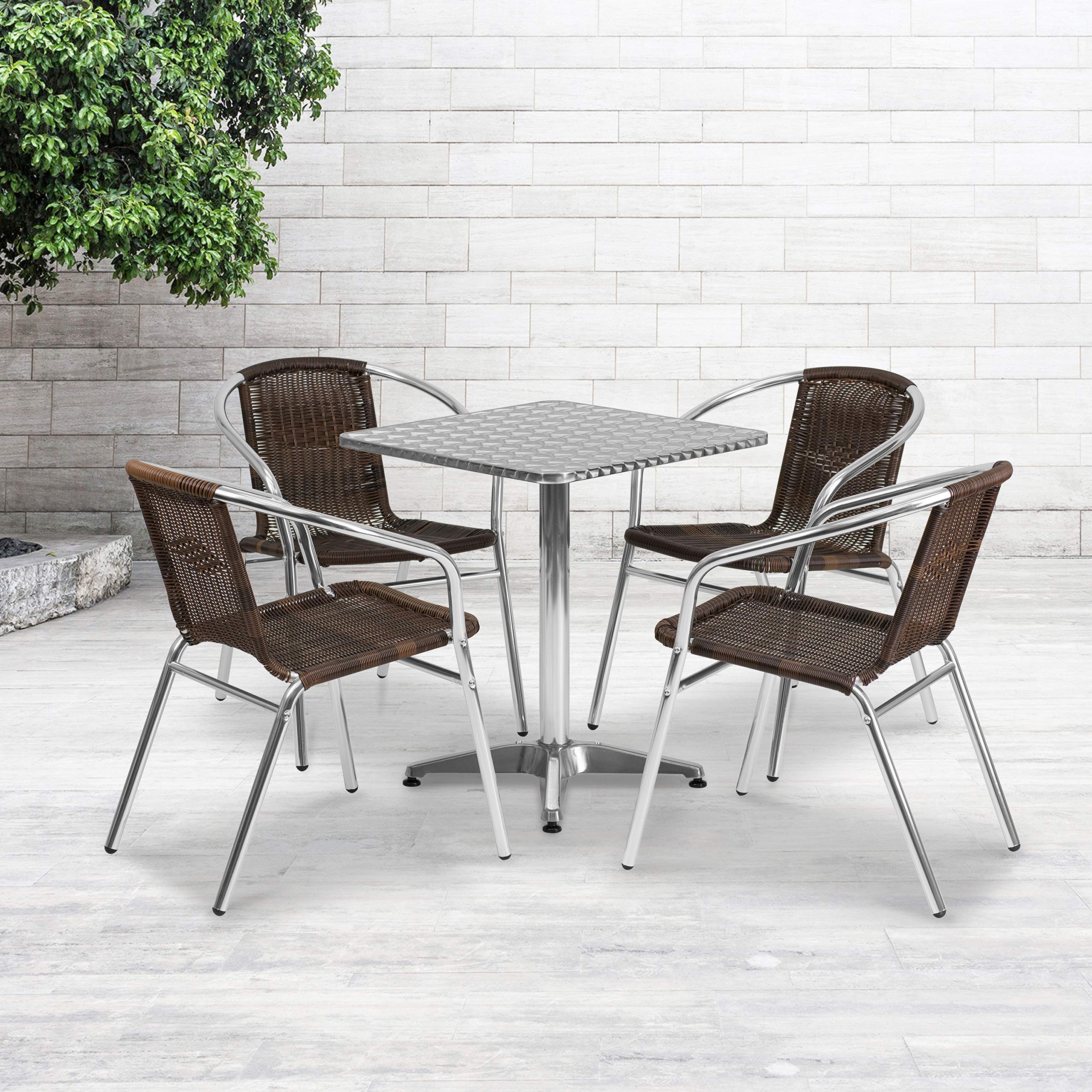 Flash Furniture 23.5'' Square Aluminum Patio Dining Table Set with 4 Dark Brown Wicker Chairs - Perfect for Outdoor Entertaining, Backyard BBQs & Poolside Gatherings