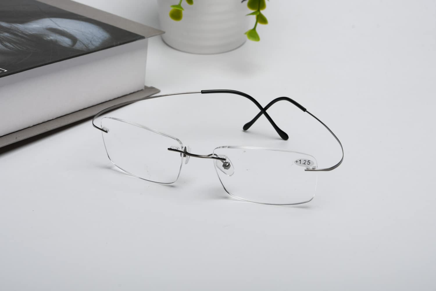Titanium Rimless Reading Glasses for Men +3.00 Strength - Lightweight Gunmetal Eyewear for Reading, Computer Work & Outdoor Use