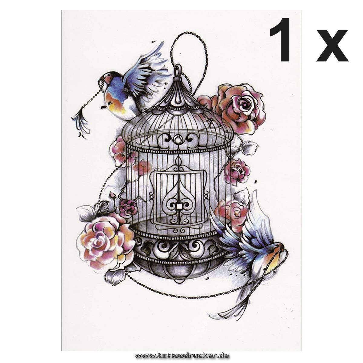 1 XL Temporary Fake Tattoo - Colorful Bird Cage with Roses Design - Waterproof Body Art for Parties, Festivals & Costume Events - TH442