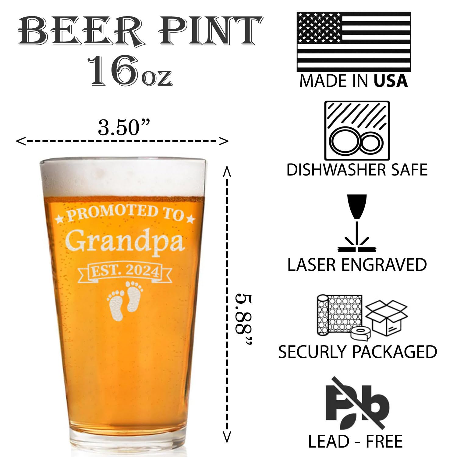 2024 Engraved 16oz Beer Glass - Perfect Gift for New Grandpa, First-Time Dad & Papa | Ideal for Father's Day, Retirement, & Celebrations | Personalized Grandpa Beer Mug for Men