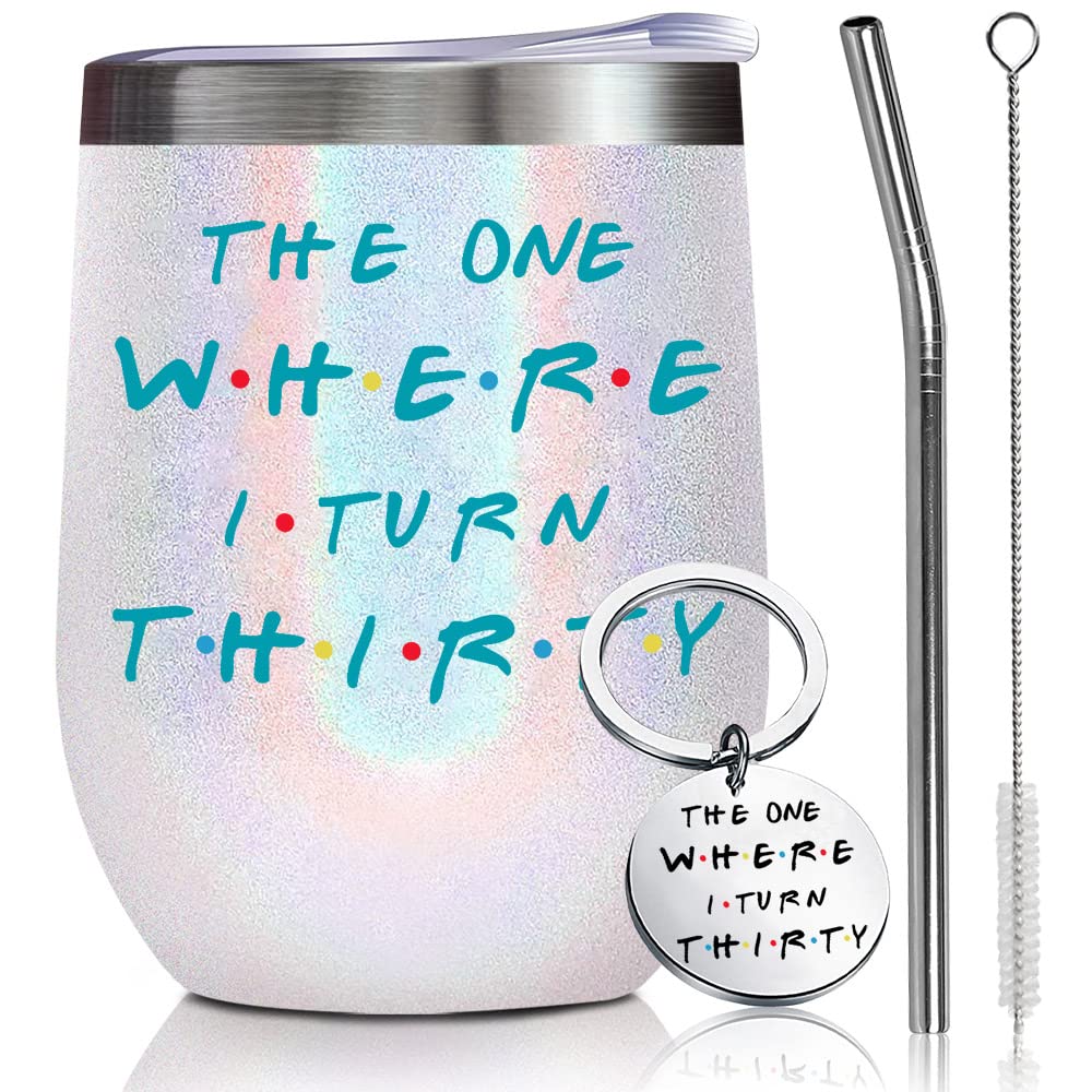 30th Birthday Gifts for Women - 12oz Wine Tumbler with 'Happy 30th Birthday' Design & Keychain - Perfect for Bestie, Sister, or 1992 Born - Great for Wine Nights, Birthday Parties & Milestone Celebrations
